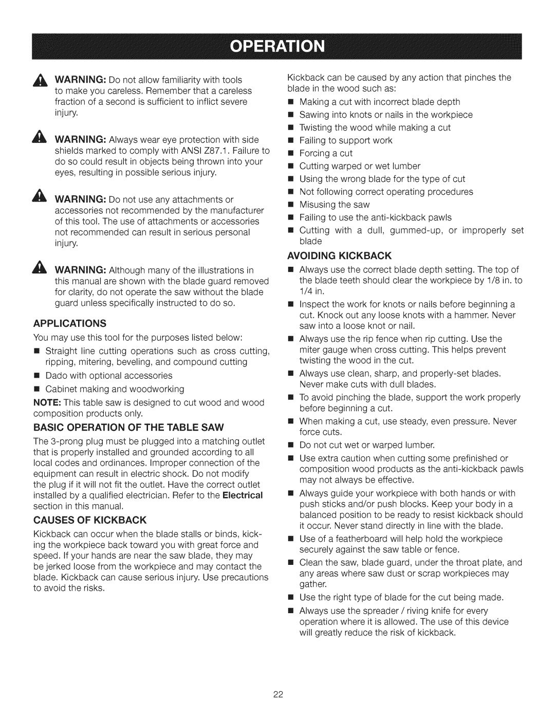 Craftsman 315.28462 manual Applications, Basic Operation of the Table SAW, Causes of Kickback, Avoiding Kickback 