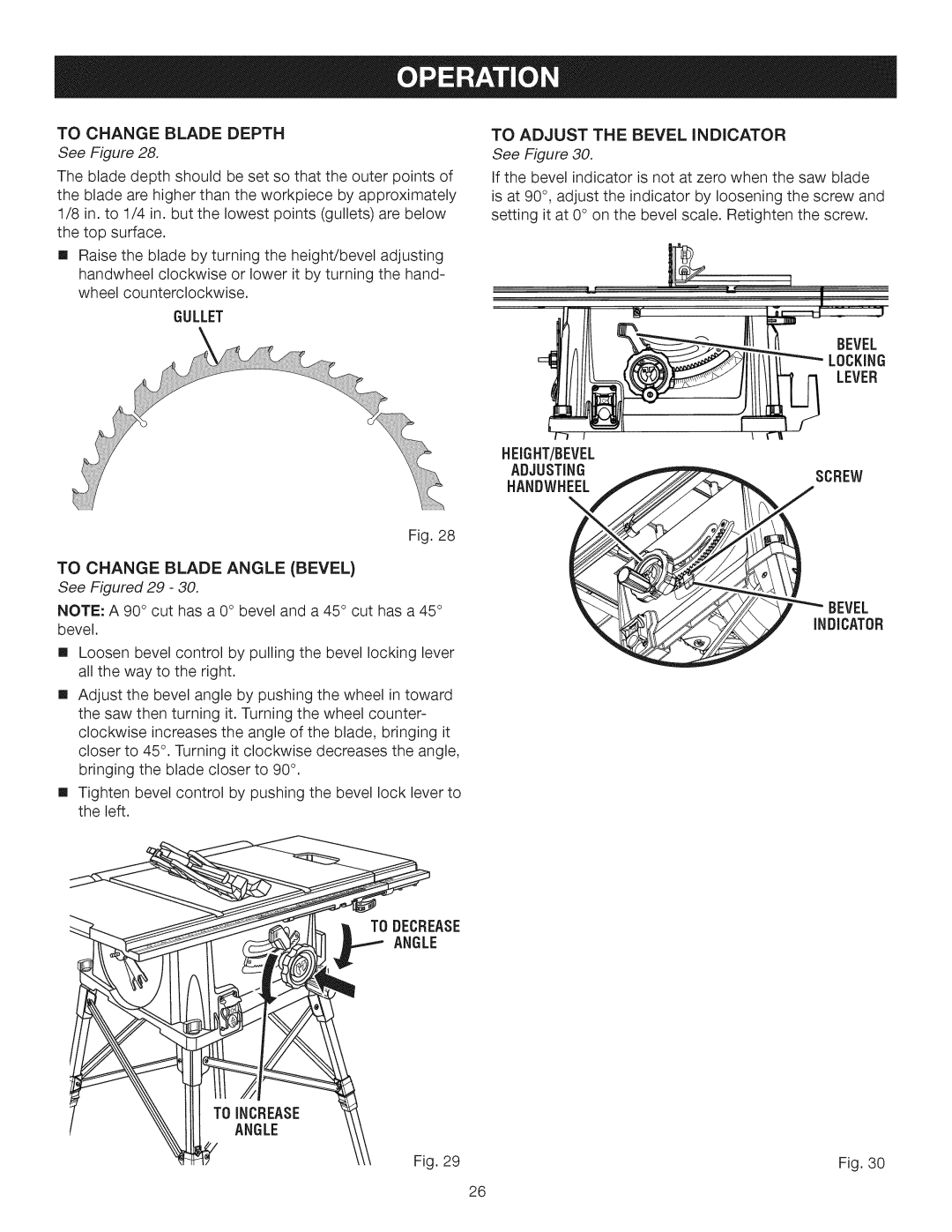 Craftsman 315.28462 manual To Changebladedepth, Gullet, Locking Lever, Bevel, Angle 