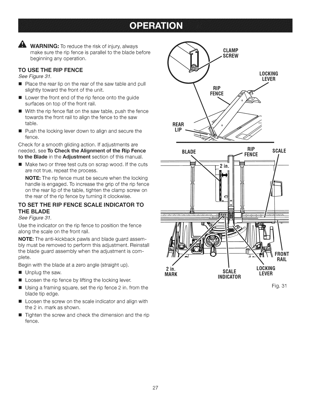 Craftsman 315.28462 manual To USE the RIP Fence, Blade Clamp Locking Lever, Fence Front, Locking Scalelever 