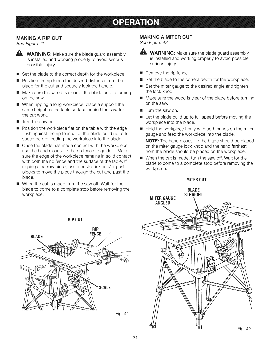 Craftsman 315.28462 manual Making a RIP CUT, Making a Miter CUT, Miter CUT Blade Straight, Miter Gauge Angled, Fence Scale 