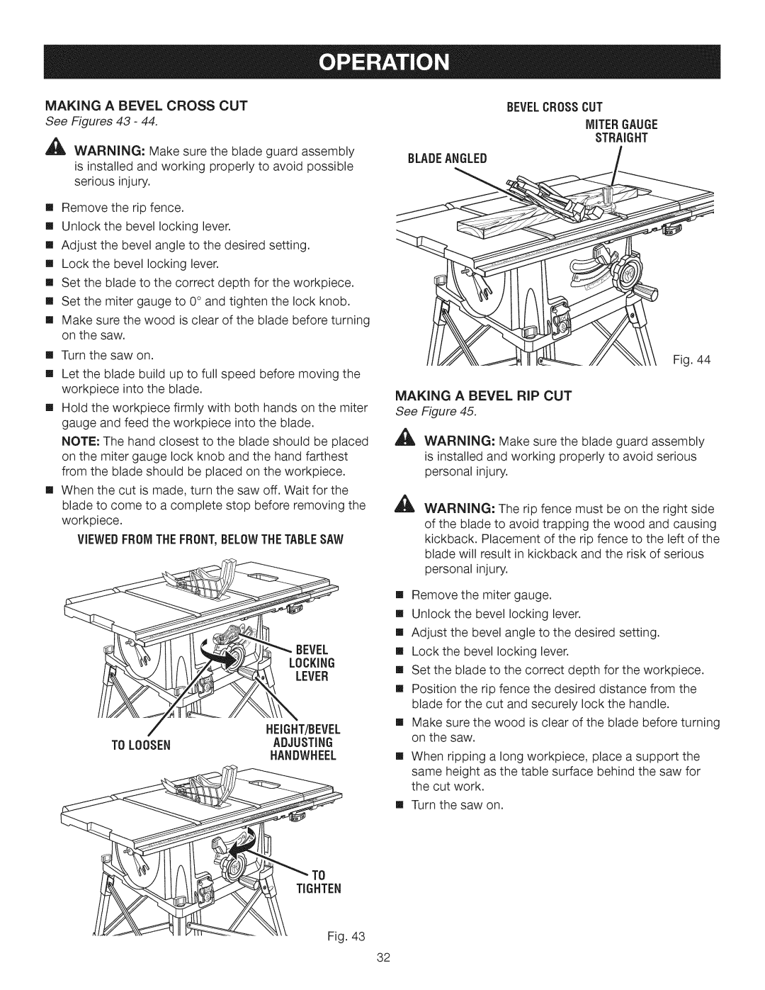 Craftsman 315.28462 manual Makinga Bevelcrosscut, See Figures 43, Bevelcrosscut Miter Gauge, Bladeangled 