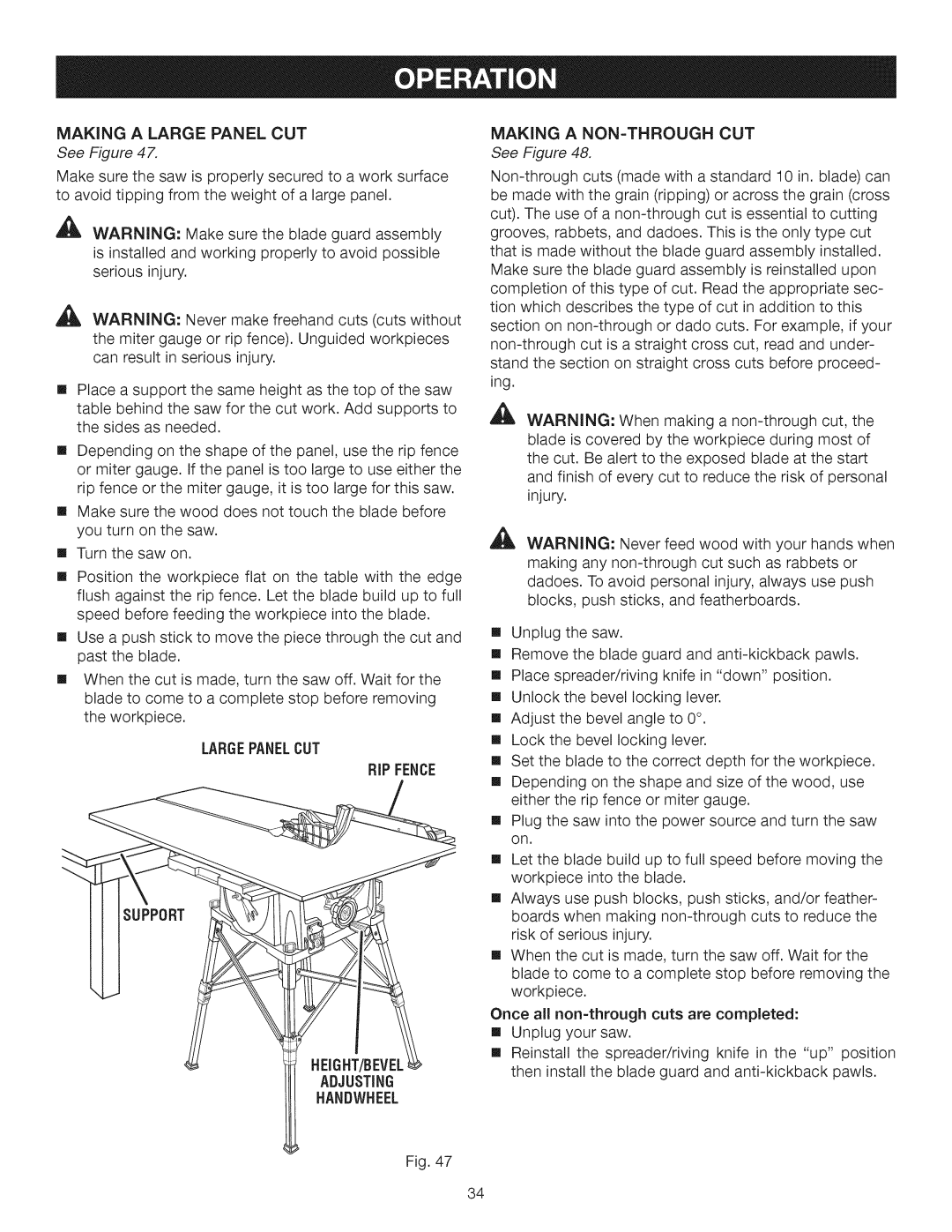 Craftsman 315.28462 Makinga Large Panel CUT, Making a NON-THROUGH CUT, Largepanelcut, HEIGHT/BEVEL Adjusting Handwheel 