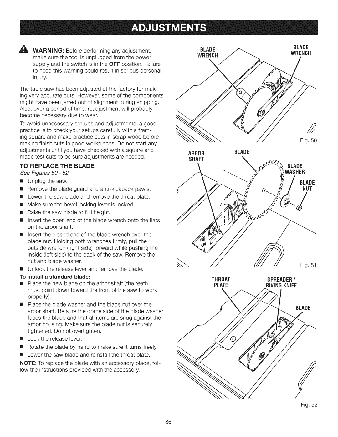 Craftsman 315.28462 manual See Figures 50, Arborblade, Throat Plate Blade Wrench 