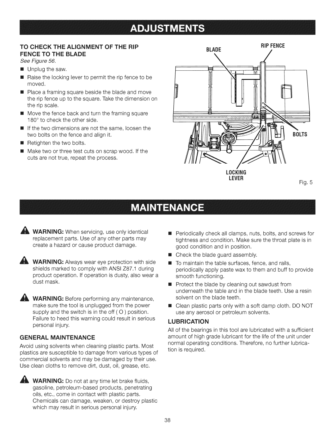 Craftsman 315.28462 To Check Alignment of the RIP, Fence to Blade, Bolts, Locking Lever General Maintenance, Lubrication 