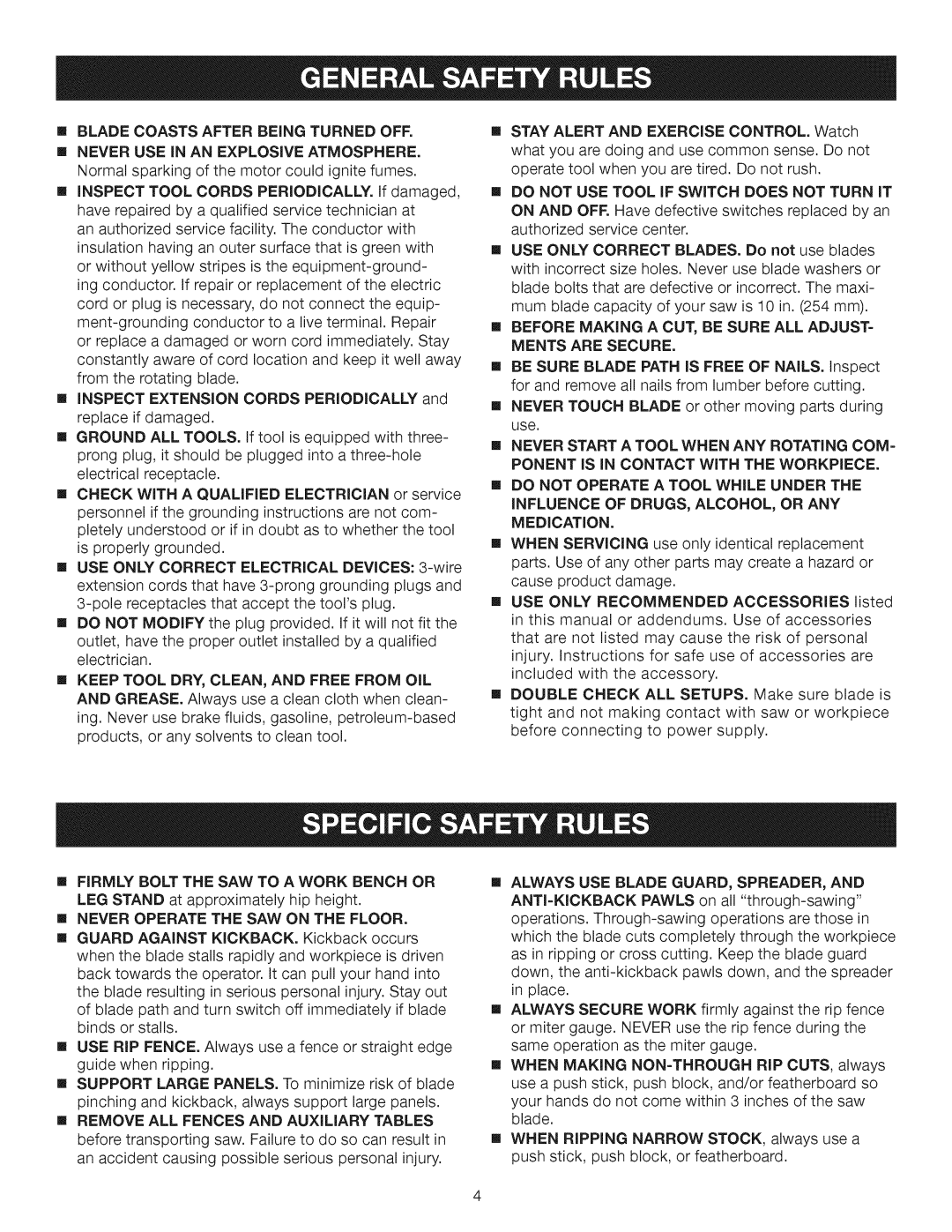 Craftsman 315.28462 manual Bladecoastsafter Being Turned OFF, Remove ALL Fences and Auxiliary Tables 