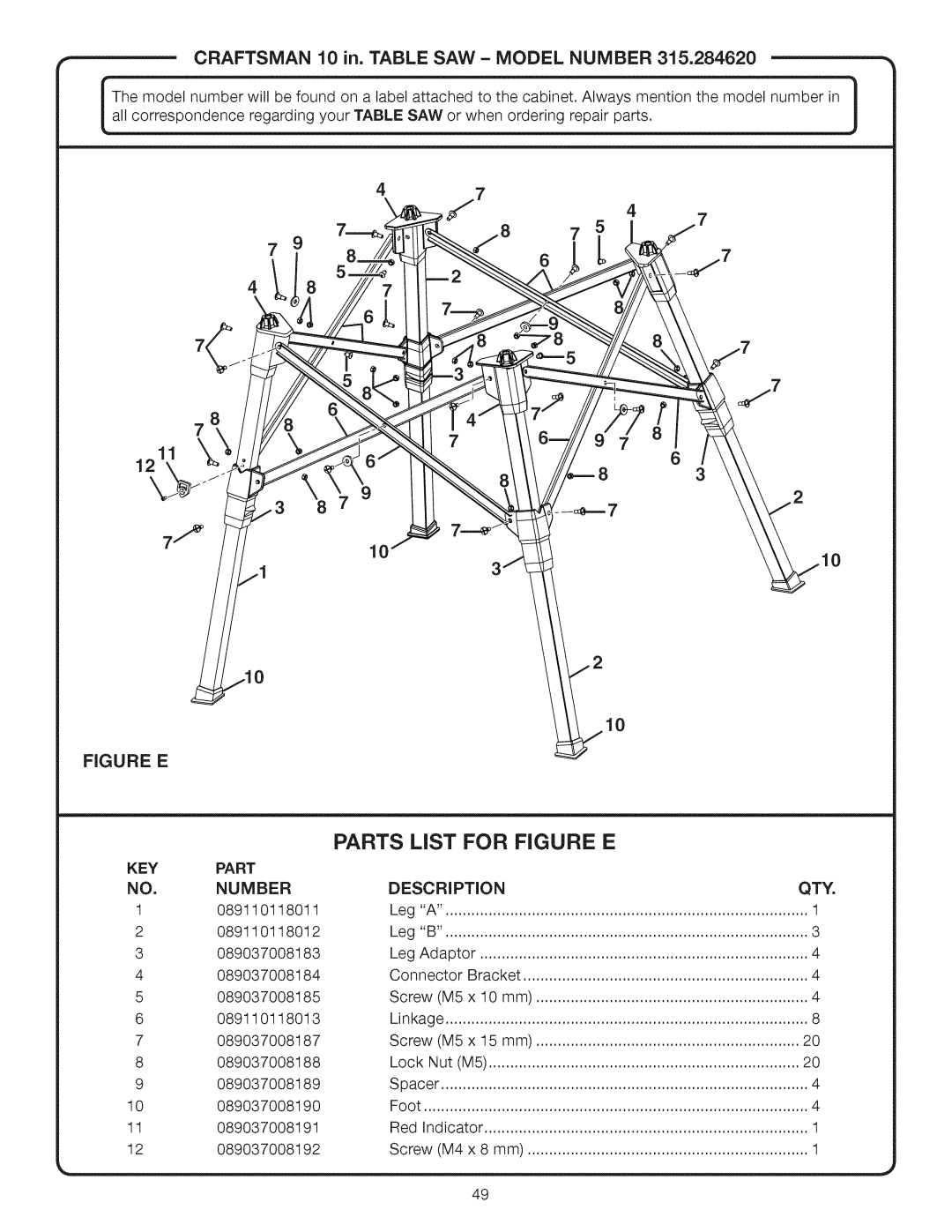 Craftsman 315.28462 manual KEY Part NO. Number 