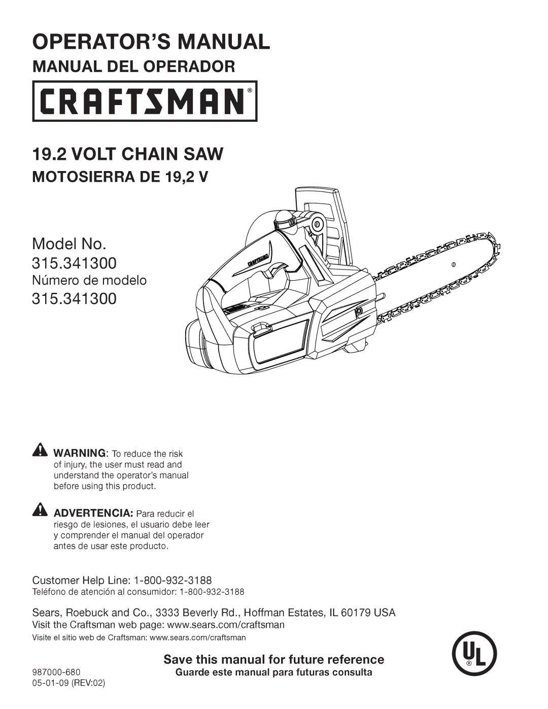 Craftsman 315.3413 manual OPERATOR’S Manual 