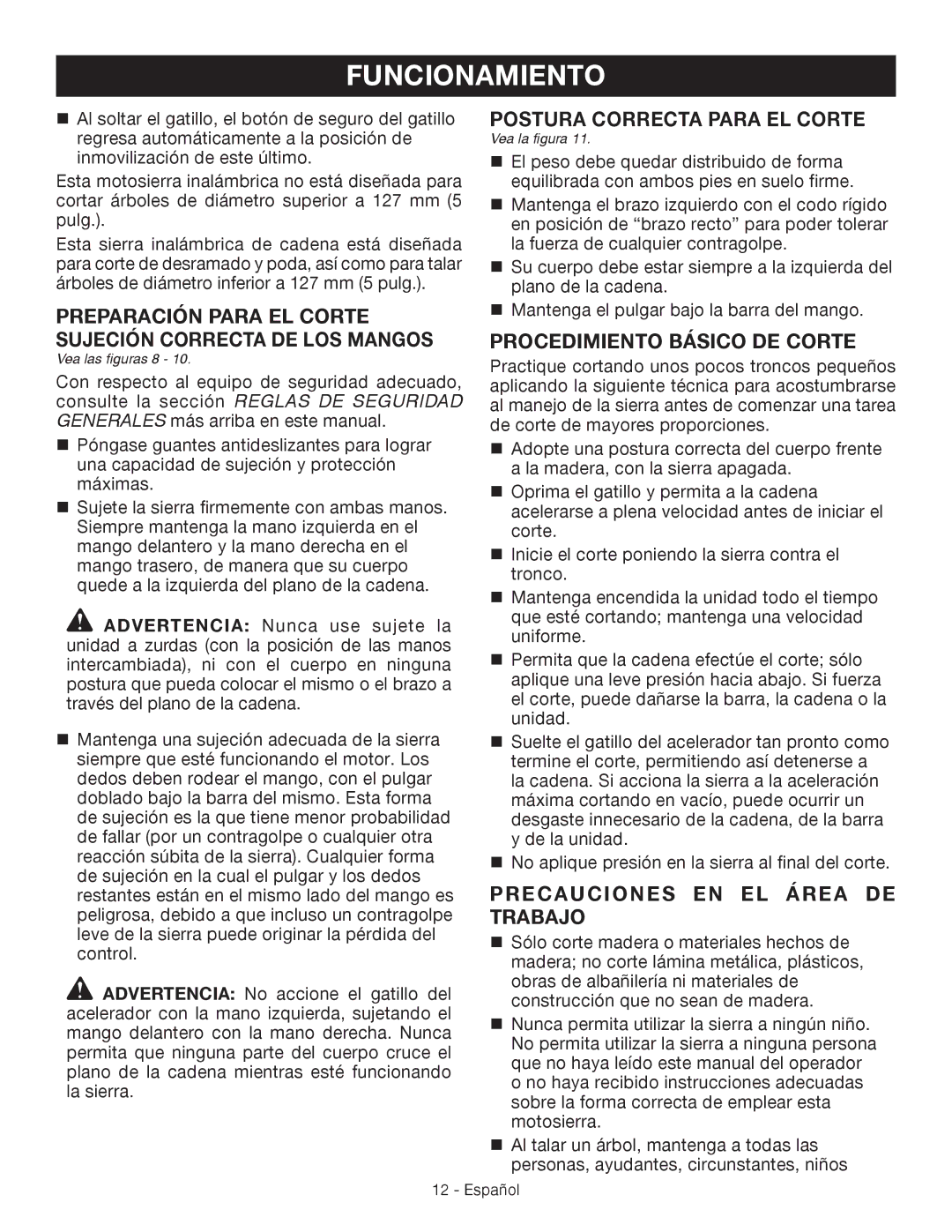 Craftsman 315.3413 manual Preparación para el corte Sujeción correcta de los mangos, Postura correcta para el corte 