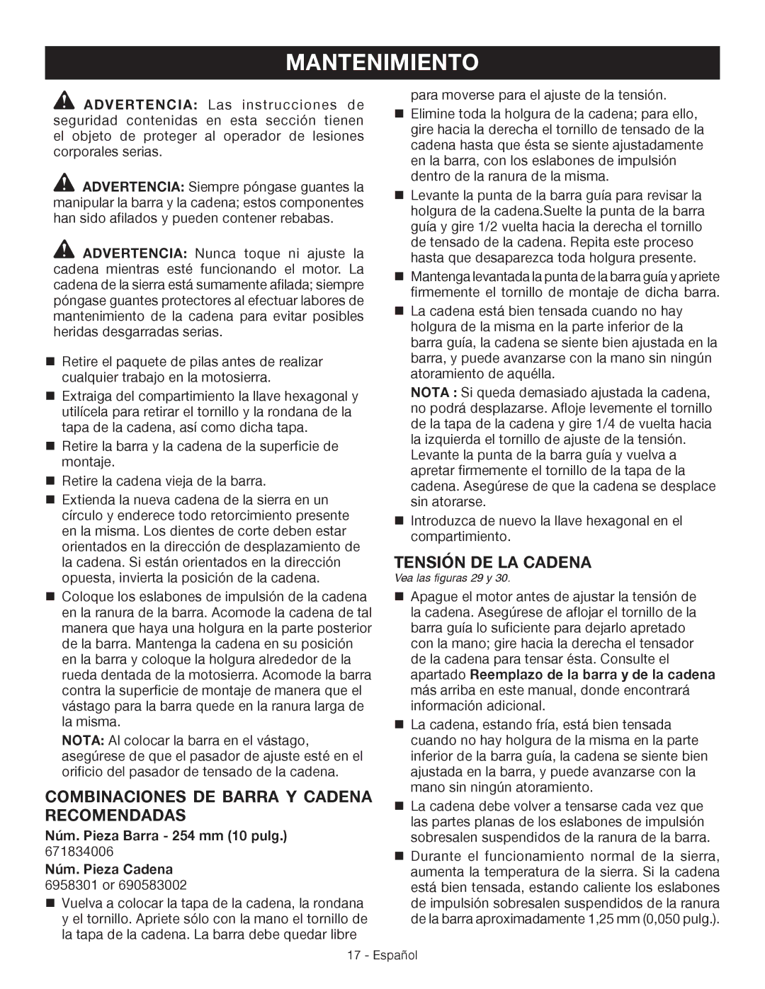 Craftsman 315.3413 manual Combinaciones de barra y cadena recomendadas, Tensión de la cadena, Núm. Pieza Cadena 