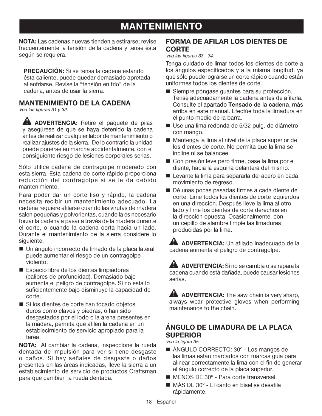 Craftsman 315.3413 manual Mantenimiento de la cadena, Forma de afilar los dientes de corte 