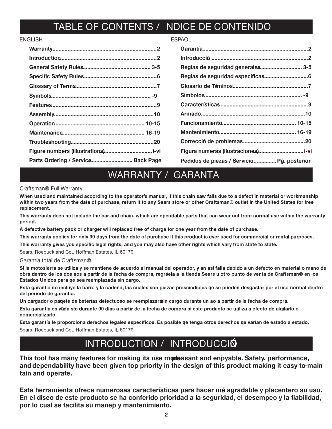 Craftsman 315.3413 manual Table of Contents / Índice DE Contenido 