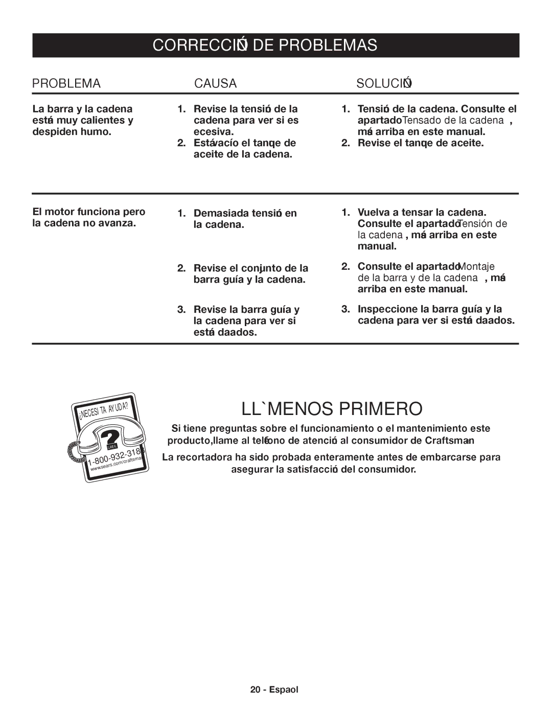 Craftsman 315.3413 manual Corrección de problemas, Problema Causa Solución 