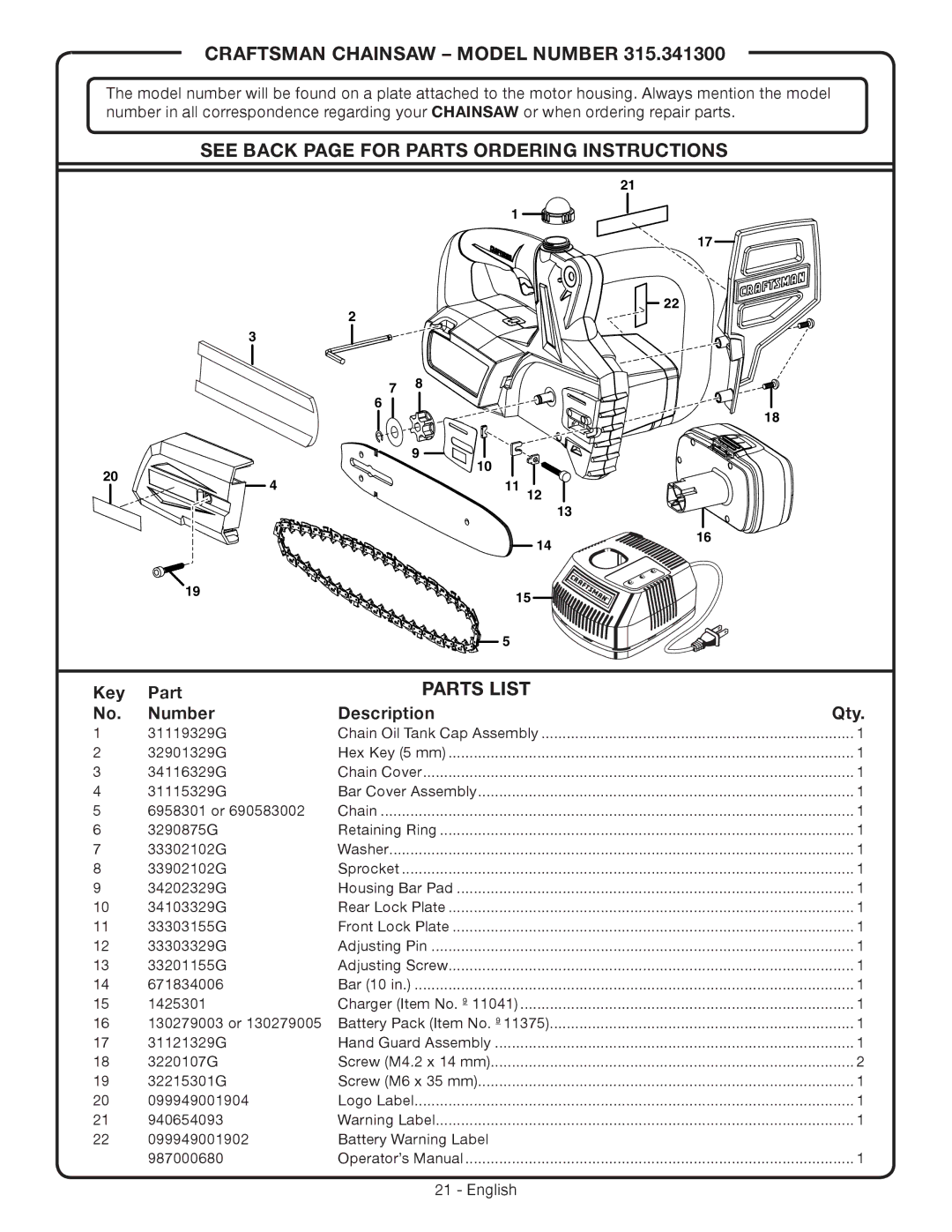 Craftsman 315.3413 manual Key Part, Number Description Qty 