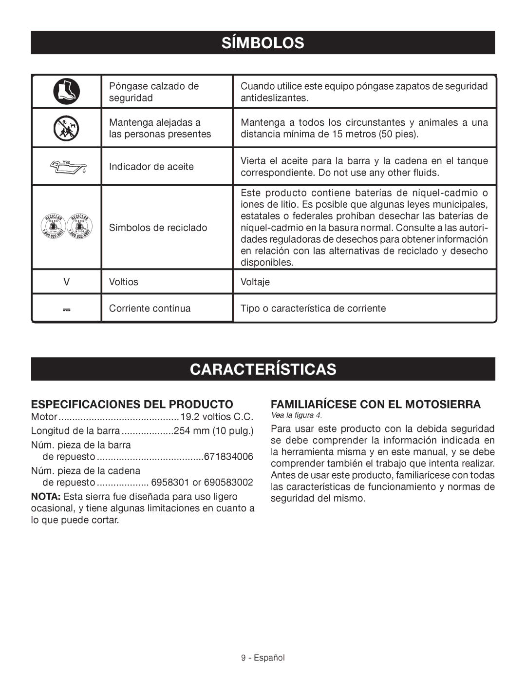 Craftsman 315.3413 manual Características, Especificaciones DEL Producto, Familiarícese CON EL Motosierra 