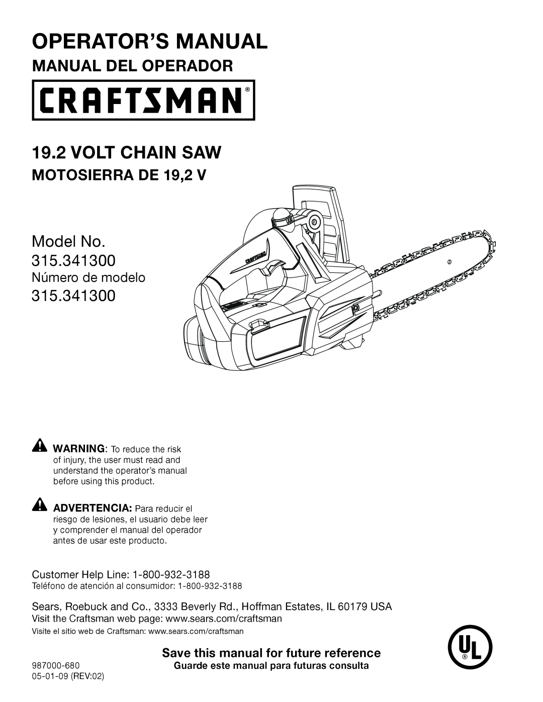 Craftsman 315.3413 manual VOLT cHAIN sAW, Manual Del Operador, Save this manual for future reference, Operator’S Manual 