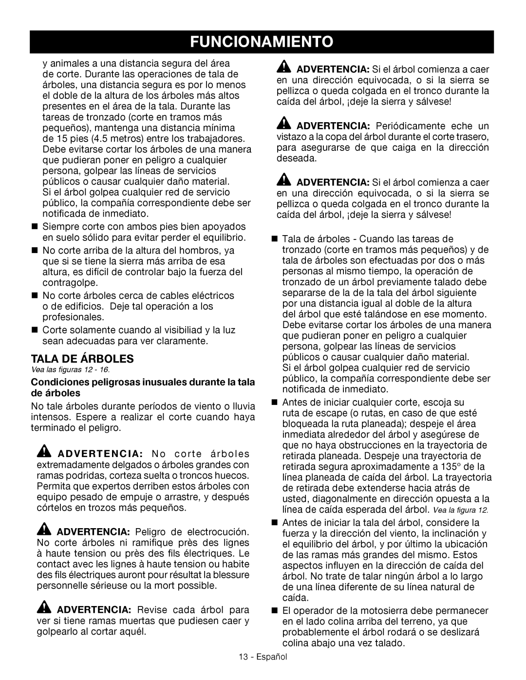 Craftsman 315.3413 manual Funcionamiento, Tala de árboles, Español 