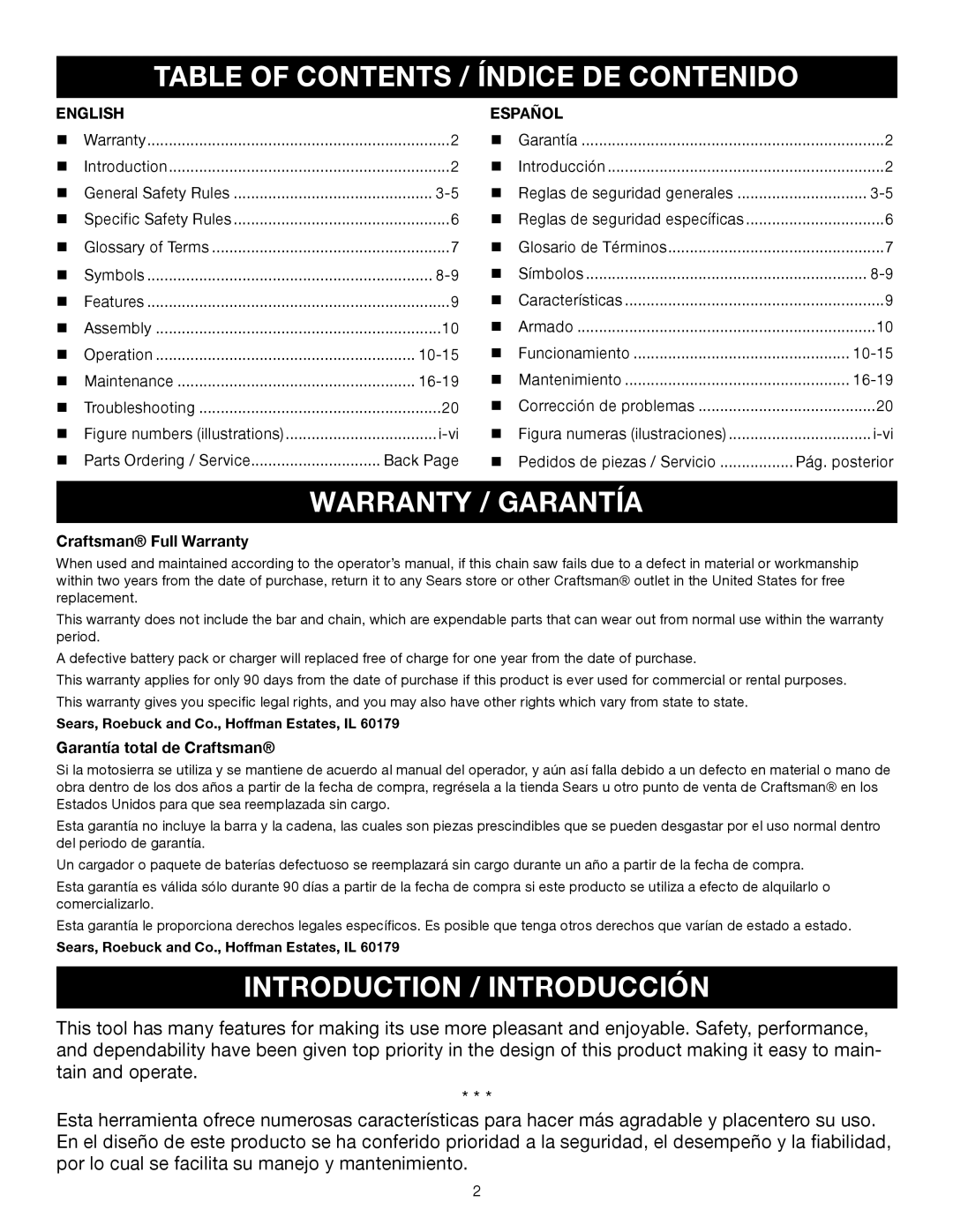 Craftsman 315.3413 Table Of Contents / Índice De Contenido, Warranty / Garantía, Introduction / Introducción, English 
