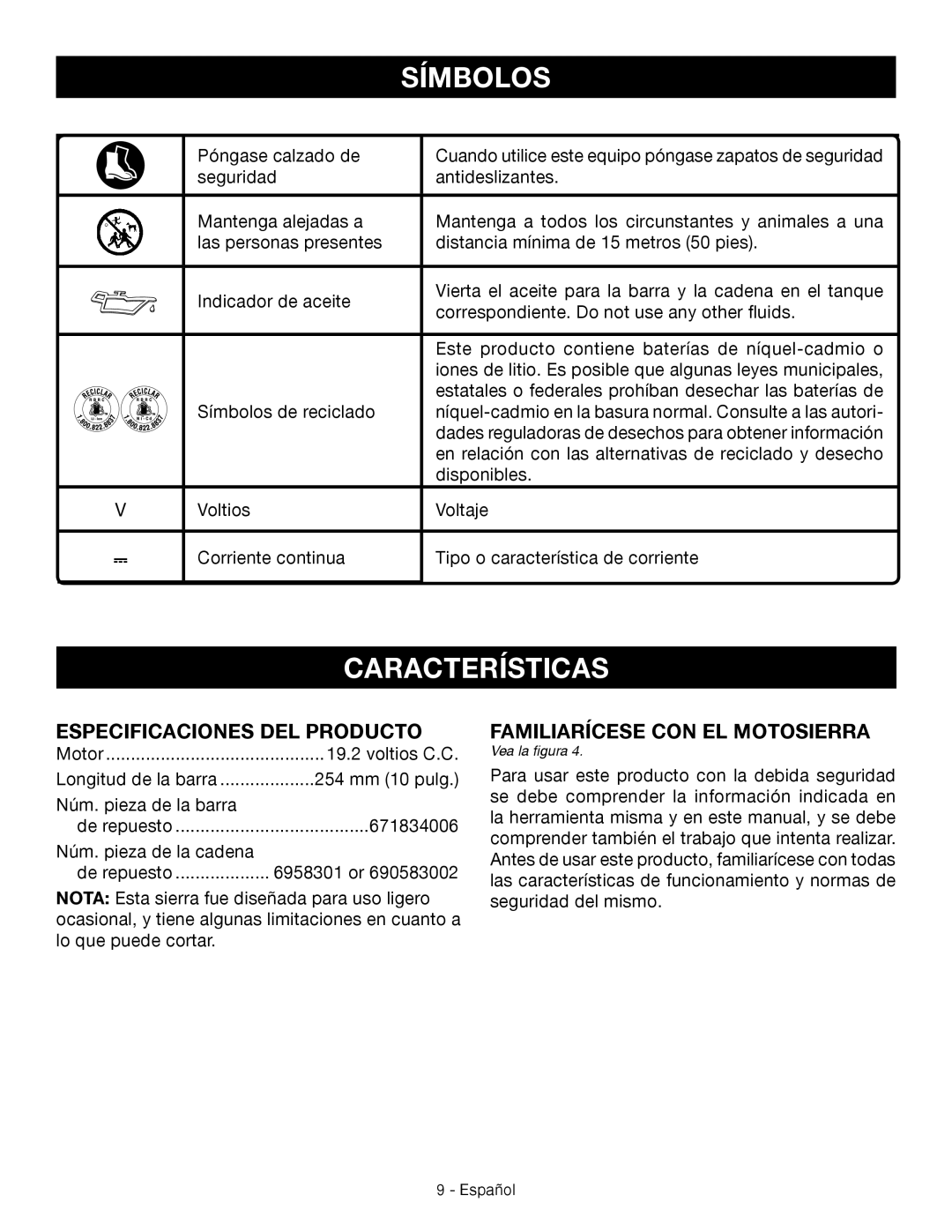 Craftsman 315.3413 manual Características, Símbolos, Especificaciones Del Producto, Familiarícese Con El Motosierra 