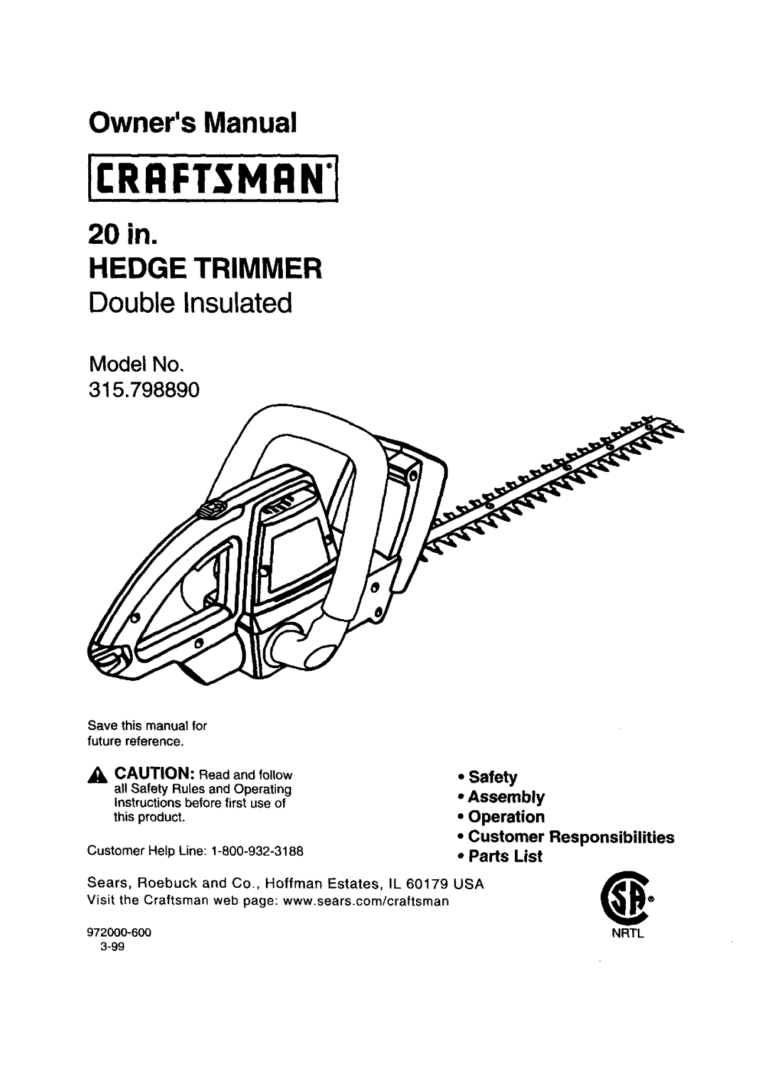 Craftsman 315.79889 owner manual Hedge Trimmer Double Insulated, Nrtl 