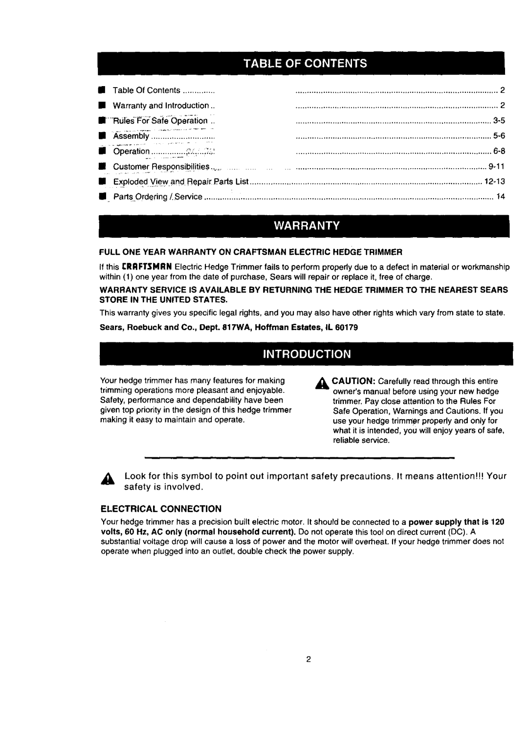 Craftsman 315.79889 owner manual Customer Responsili!ities, Electrical Connection 