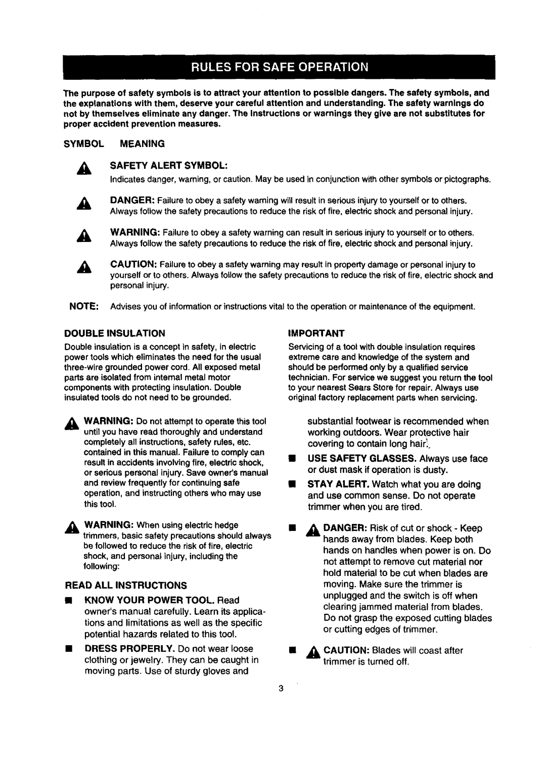 Craftsman 315.79889 Symbol Meaning Safety Alert Symbol, Personal injury, Double Insulation, Read ALL Instructions 