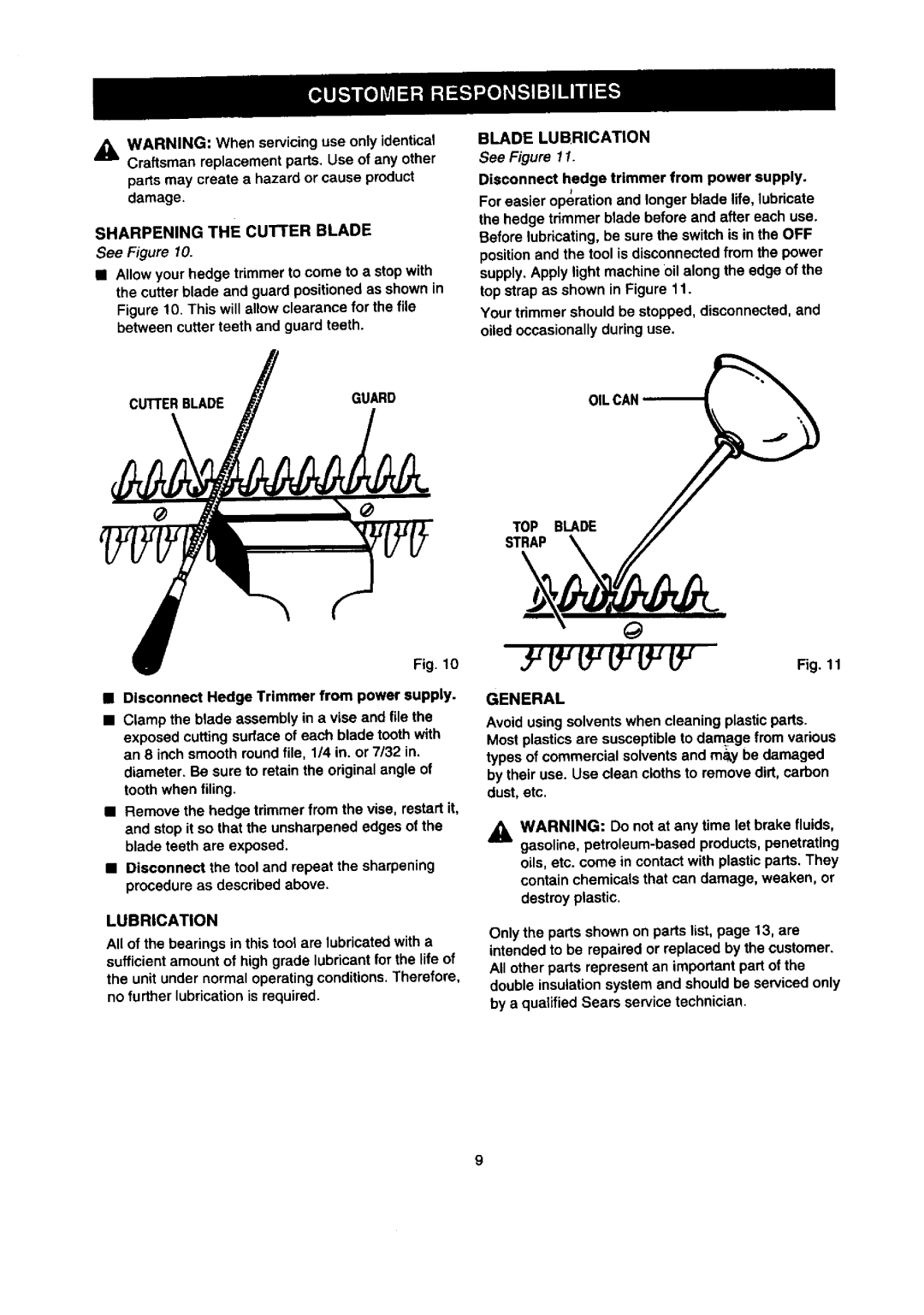 Craftsman 315.79889 Sharpening the Cutter Blade, Cutlerbladeguard, Blade Lubrication, TOP Blade Strap General 