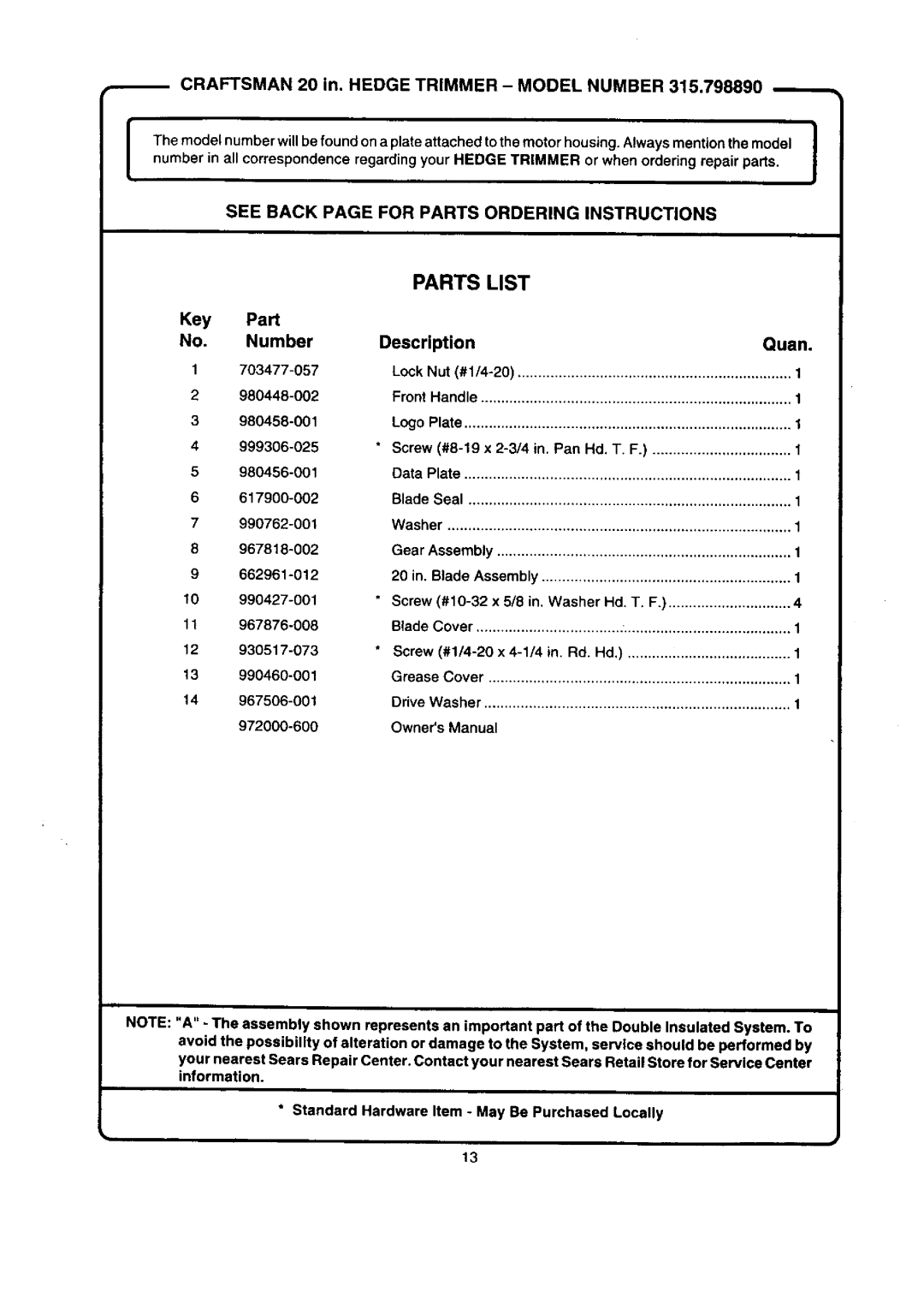 Craftsman 315.79889 owner manual Parts List, Key Pa No. Number, Description 
