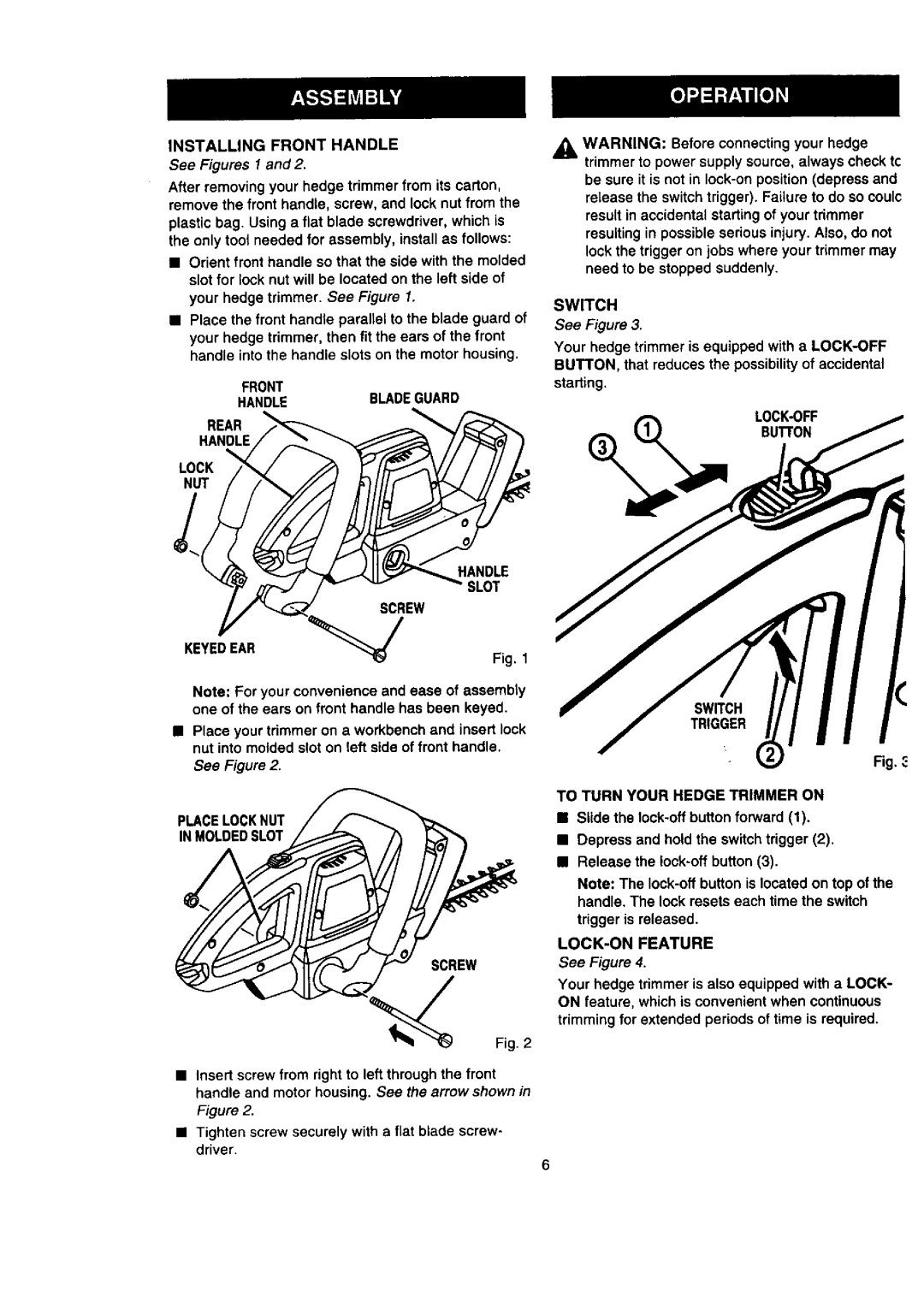 Craftsman 315.79889 owner manual Installing Front Handle, See Figures 1 and, Screw 