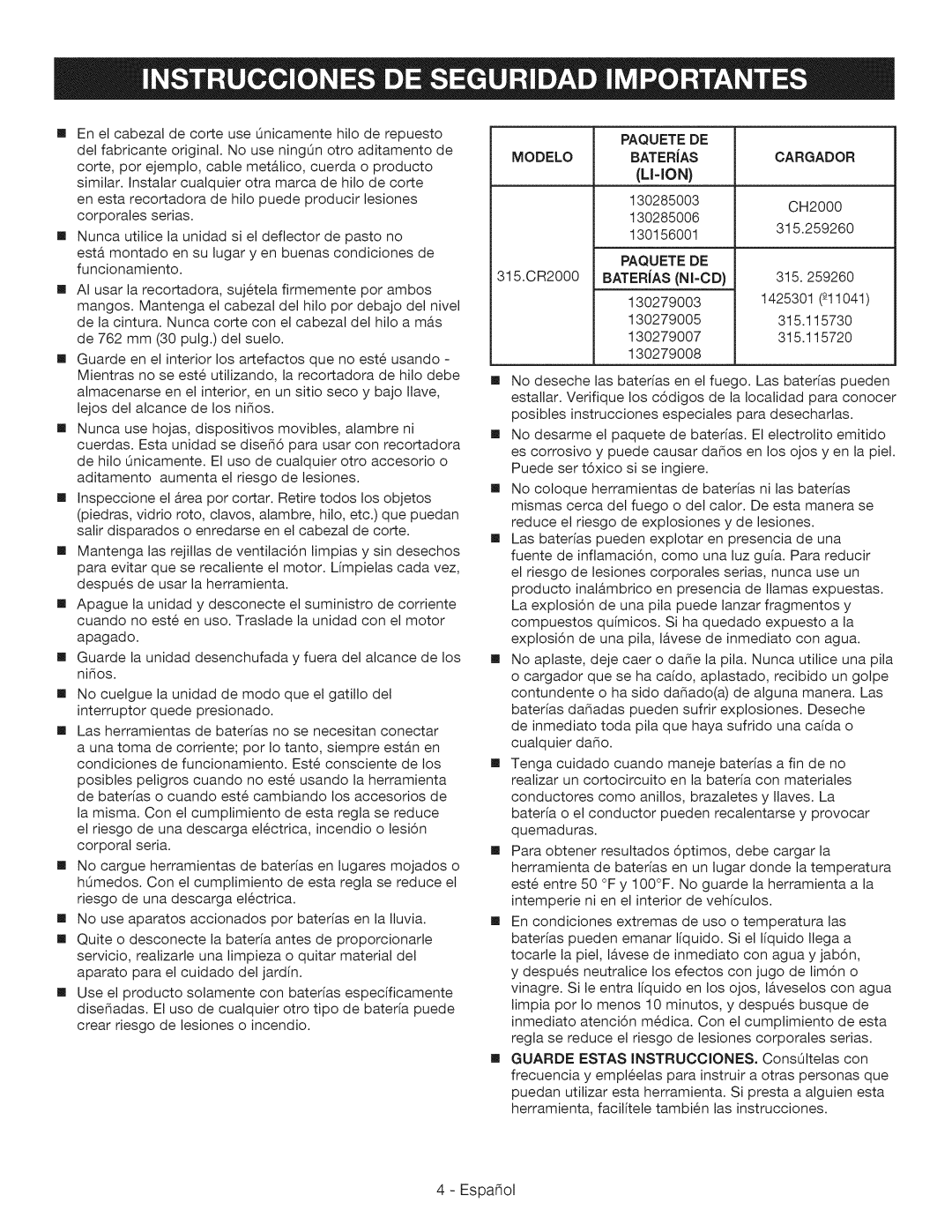 Craftsman 315.CR2000 manual Modelo 