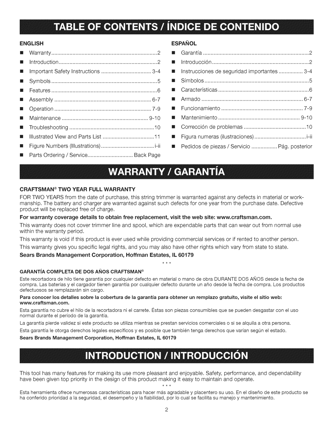 Craftsman 315.CR2000 manual English Espaiol, Craftsman TWO Year Full Warranty 