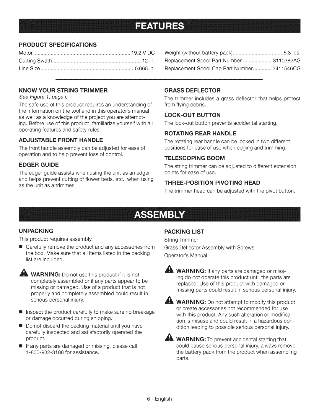 Craftsman 315.CR2000 manual Productspecifications, 3Ibs, 12in, 3110382AG, 3411546CG 