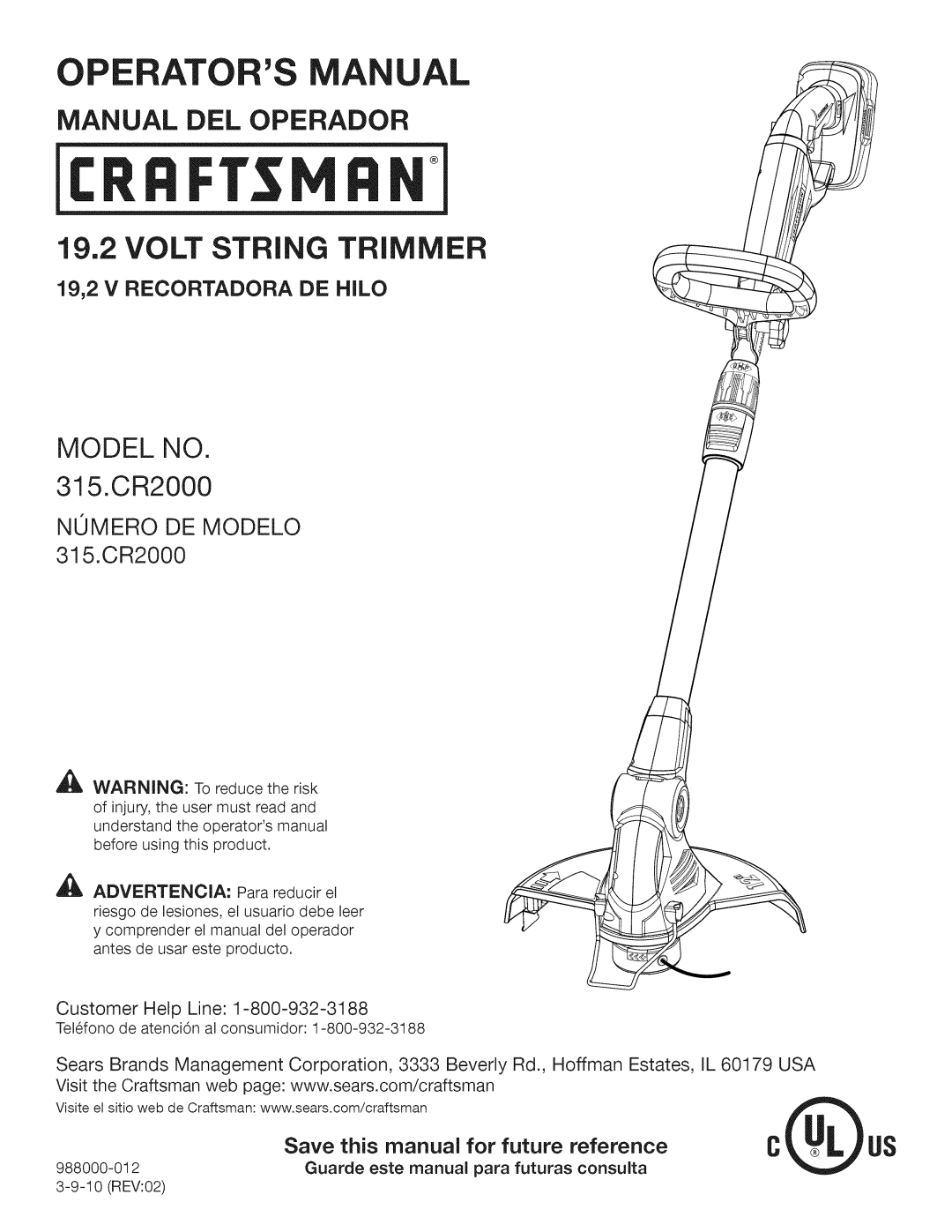 Craftsman 315.CR2000 manual Nomero De Modelo, 19,2 V RECORTADORA DE HILO, Perators Manual, 19,2 VOLT STRING TRIMMER 