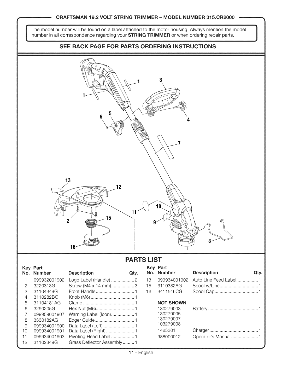 Craftsman 315.CR2000 manual List, See Back Page For Parts Ordering Instructions, Description, Not Shown 