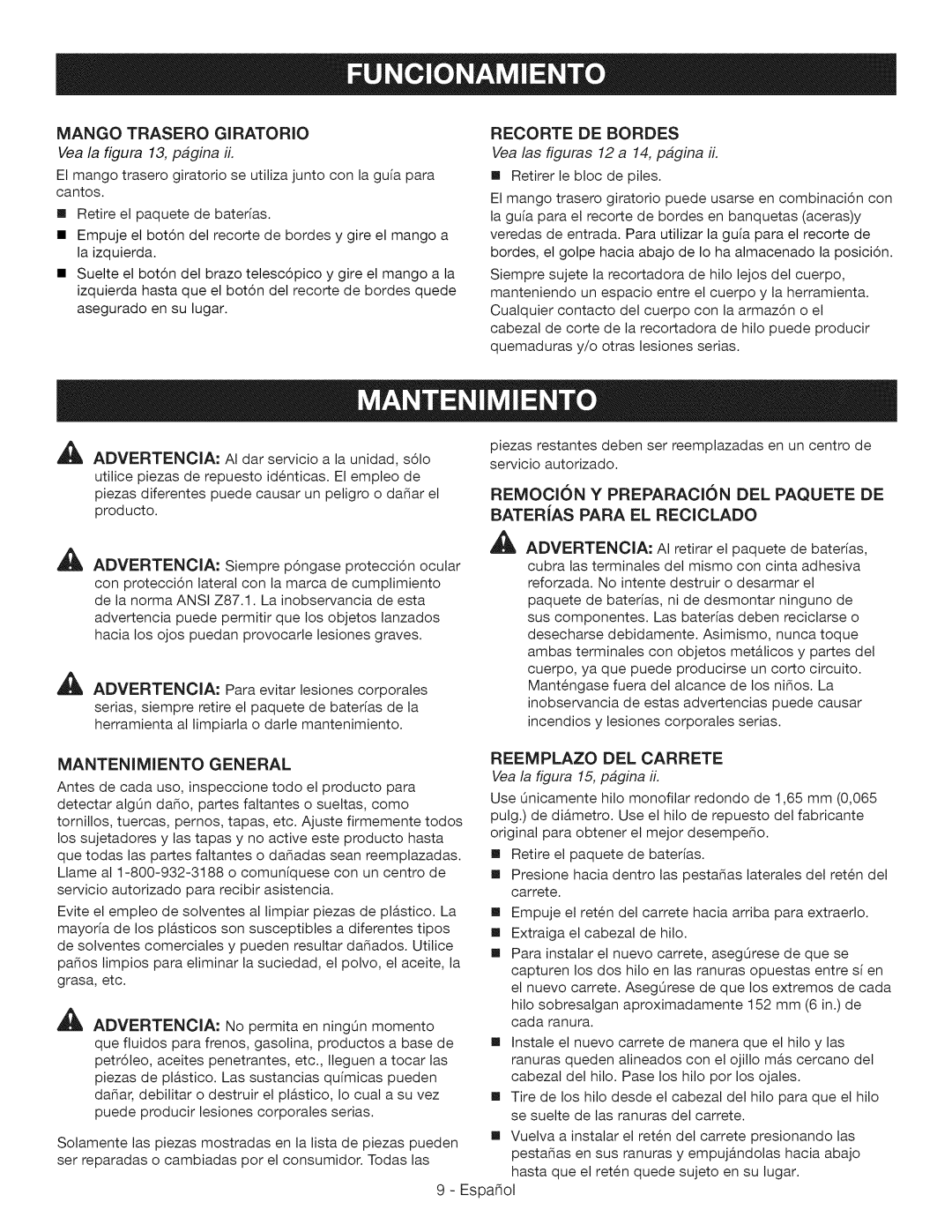 Craftsman 315.CR2000 manual Mango Trasero Giratorio, Recorte De Bordes, Mantenimiento General, Reemplazo Del Carrete 