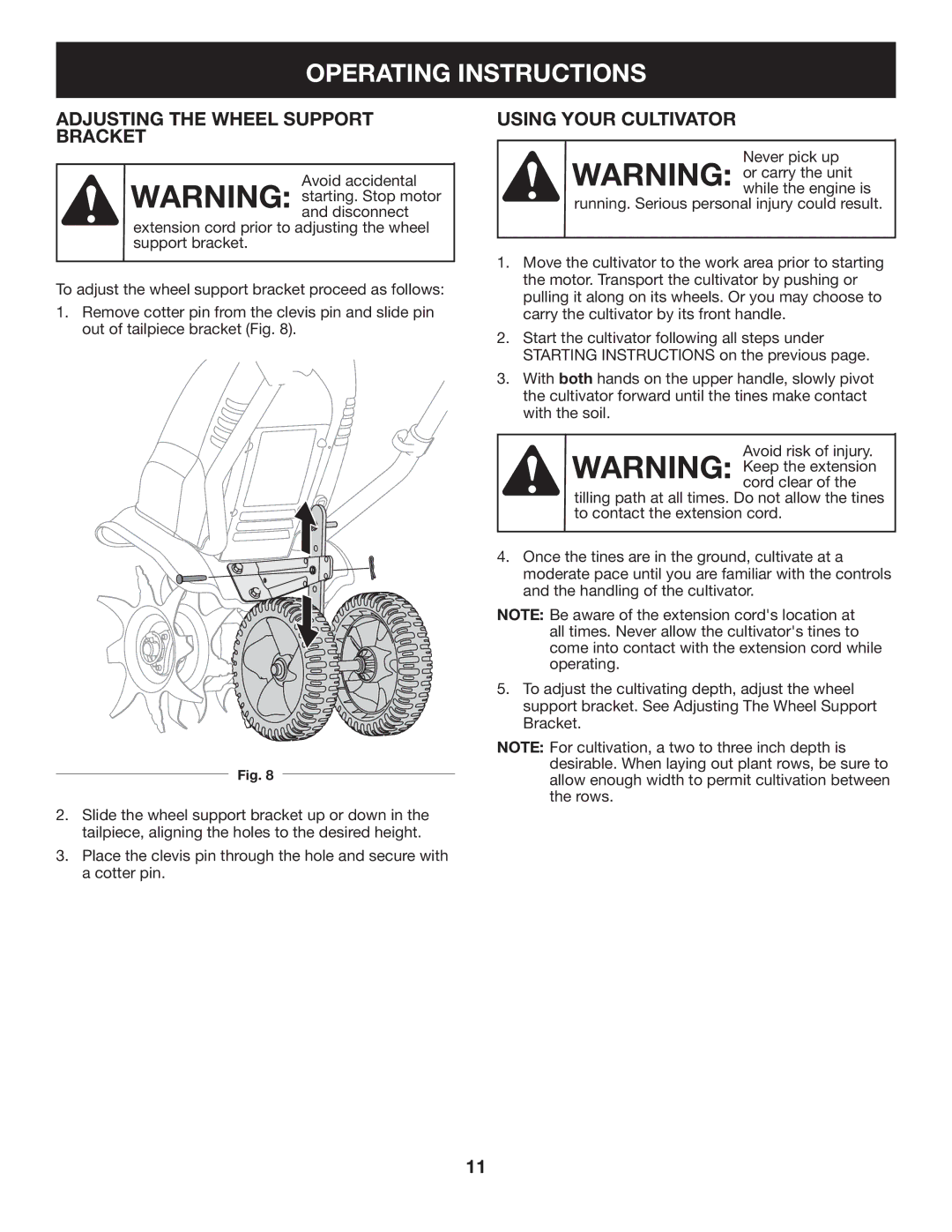 Craftsman 316.2926 manual Operating Instructions, Adjusting the Wheel Support Bracket, Using Your Cultivator 