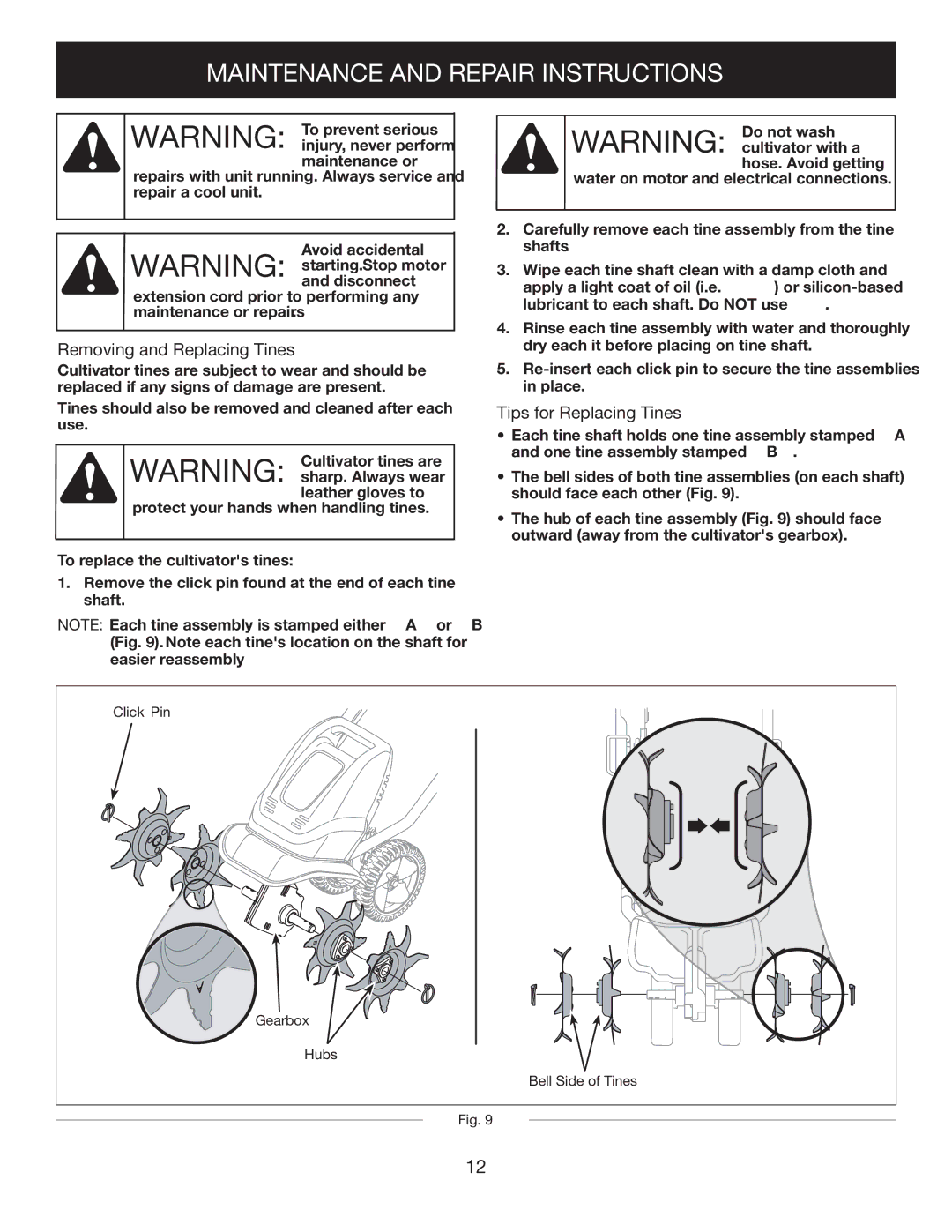 Craftsman 316.2926 manual Maintenance and Repair Instructions, Removing and Replacing Tines, Tips for Replacing Tines 