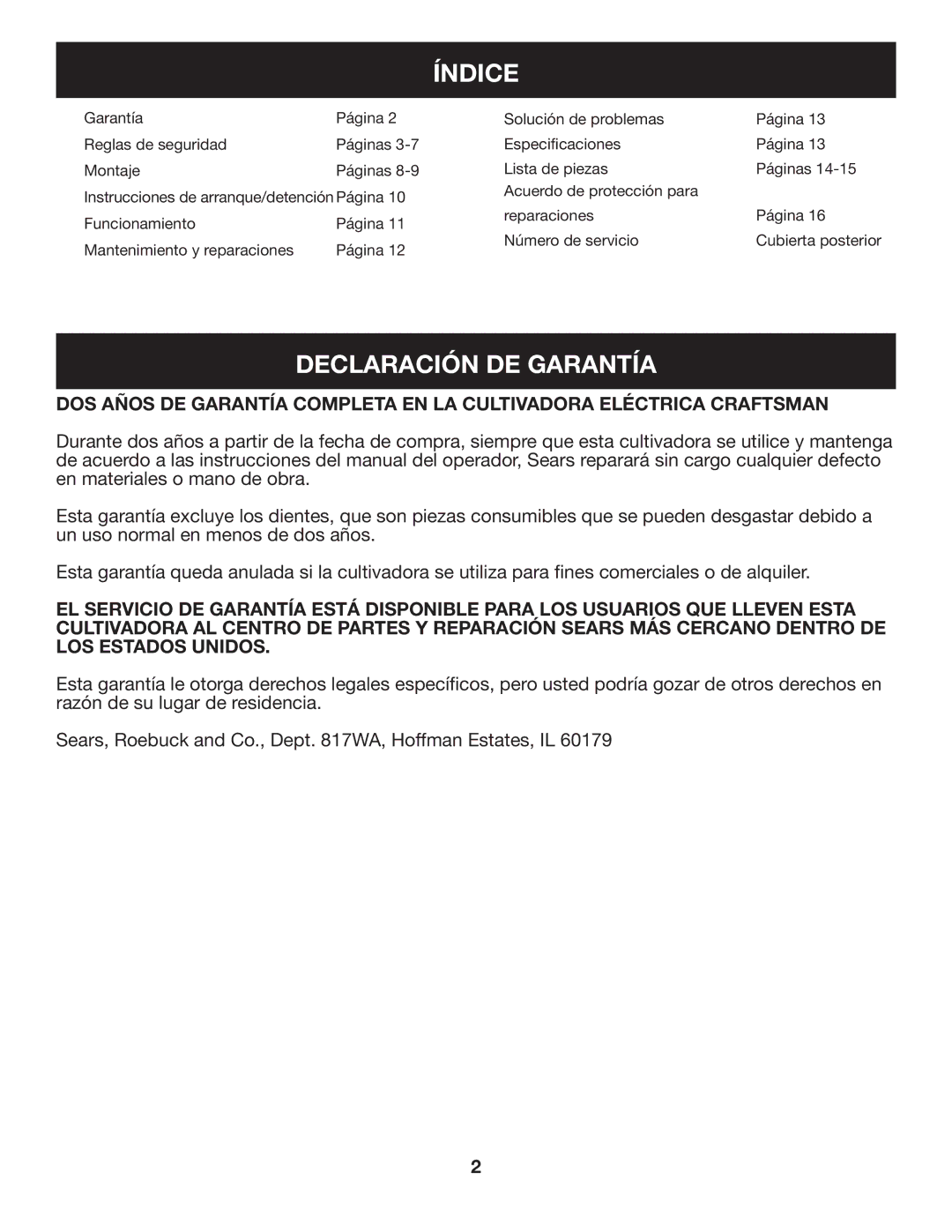 Craftsman 316.2926 manual Índice, Declaración DE Garantía 