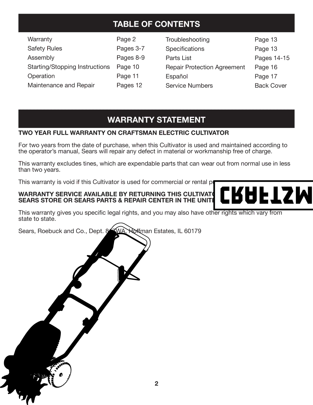 Craftsman 316.2926 manual Table of Contents, Warranty Statement 