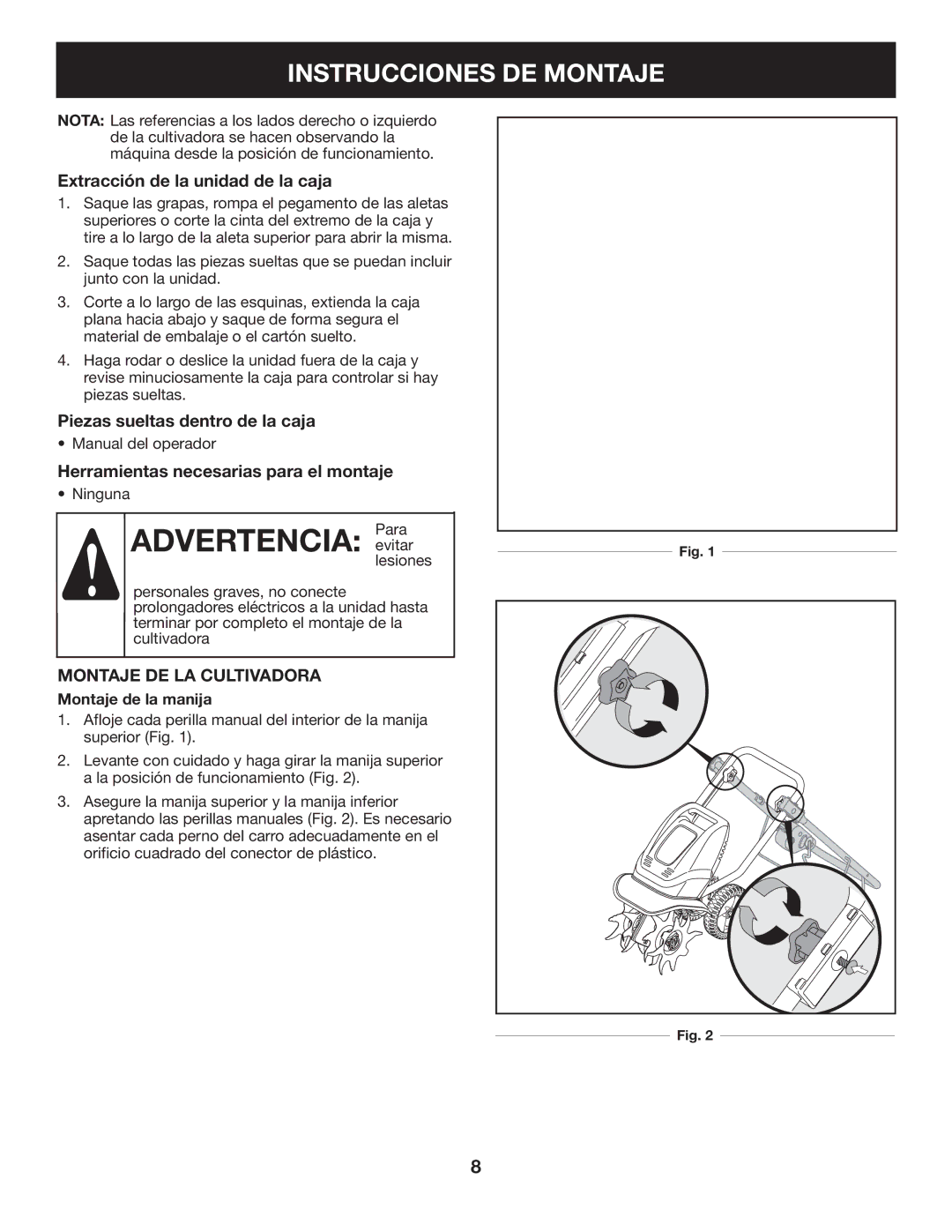 Craftsman 316.2926 manual Advertencia Para, Instrucciones DE Montaje, Montaje DE LA Cultivadora 