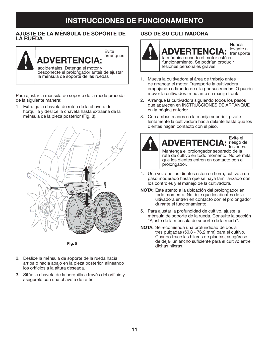 Craftsman 316.2926 Advertencia levante ni, Advertencia riesgo de, Instrucciones DE Funcionamiento, USO DE SU Cultivadora 