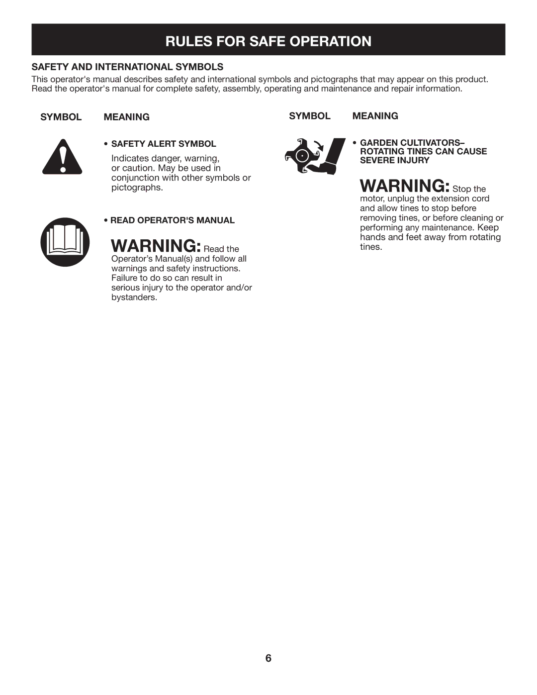 Craftsman 316.2926 manual Safety and International Symbols, Symbol Meaning 