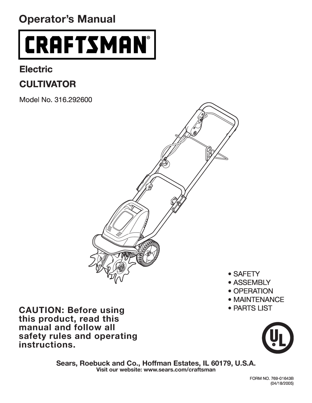 Craftsman 316.2926 manual Operator’s Manual, Electric CULTIVATOR 