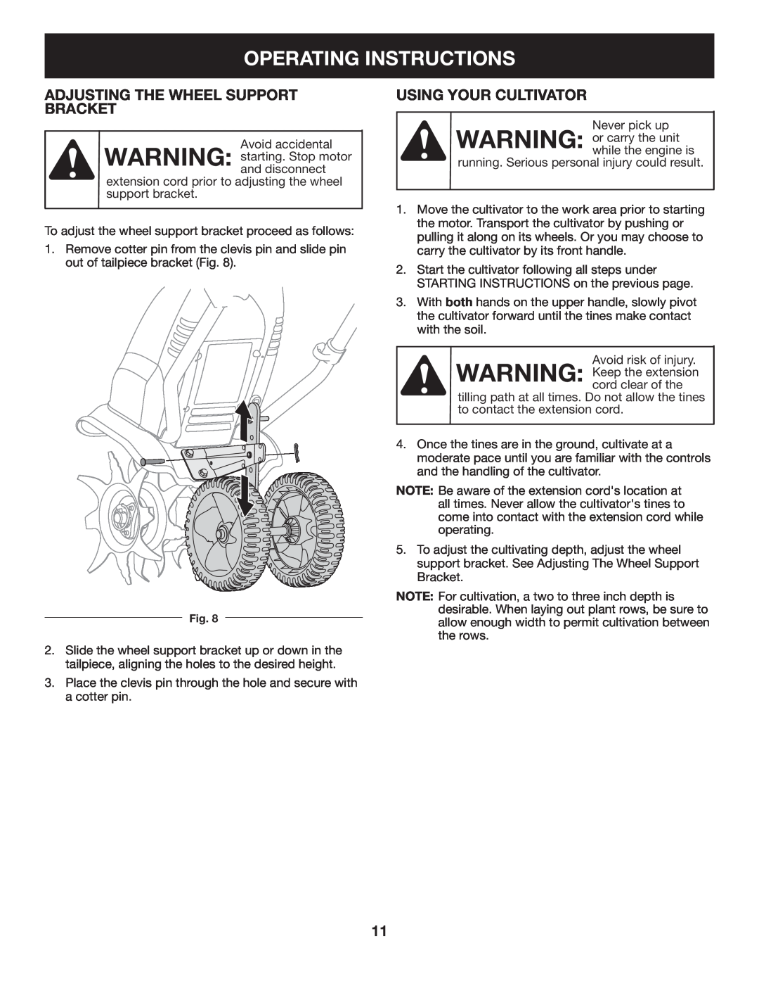Craftsman 316.2926 manual Operating Instructions, Adjusting The Wheel Support Bracket, Using Your Cultivator 