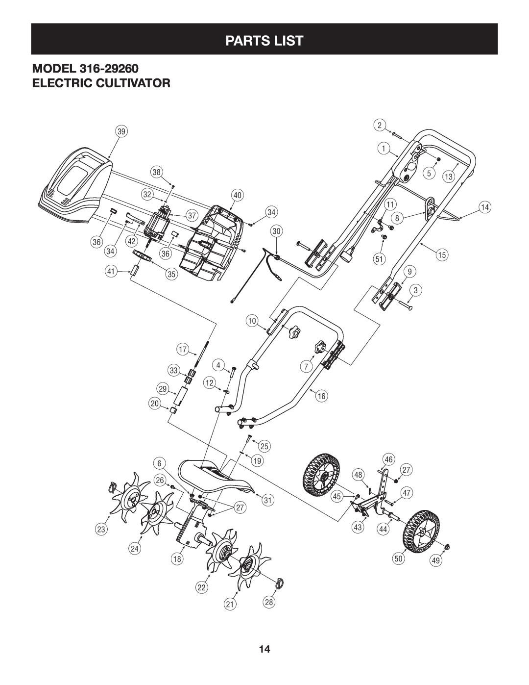 Craftsman 316.2926 manual Parts List, Model Electric Cultivator 