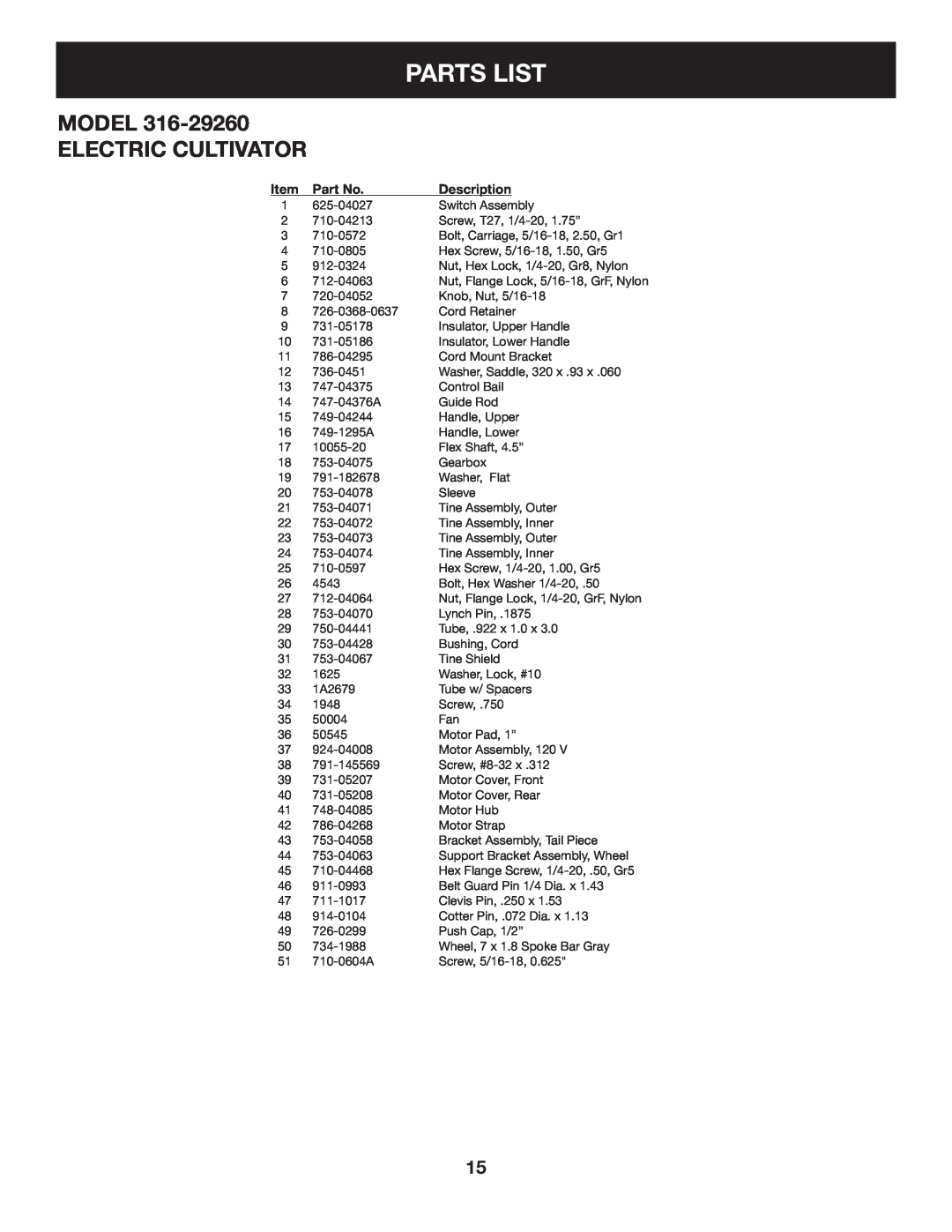 Craftsman 316.2926 manual Parts List, Model Electric Cultivator 