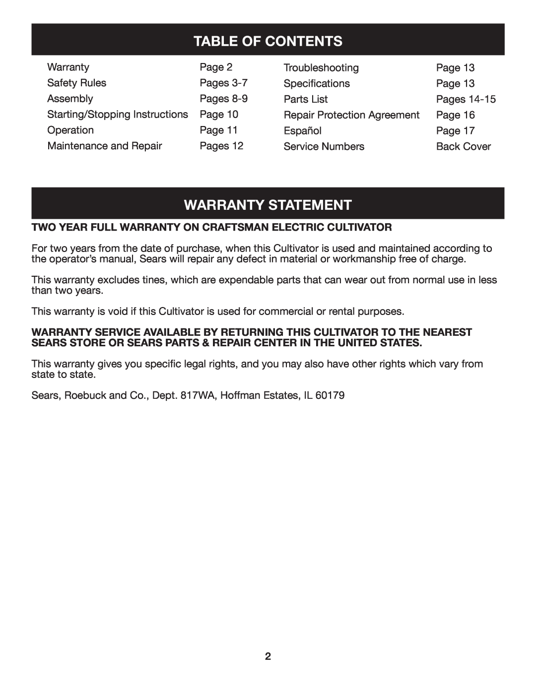 Craftsman 316.2926 manual Table Of Contents, Warranty Statement 