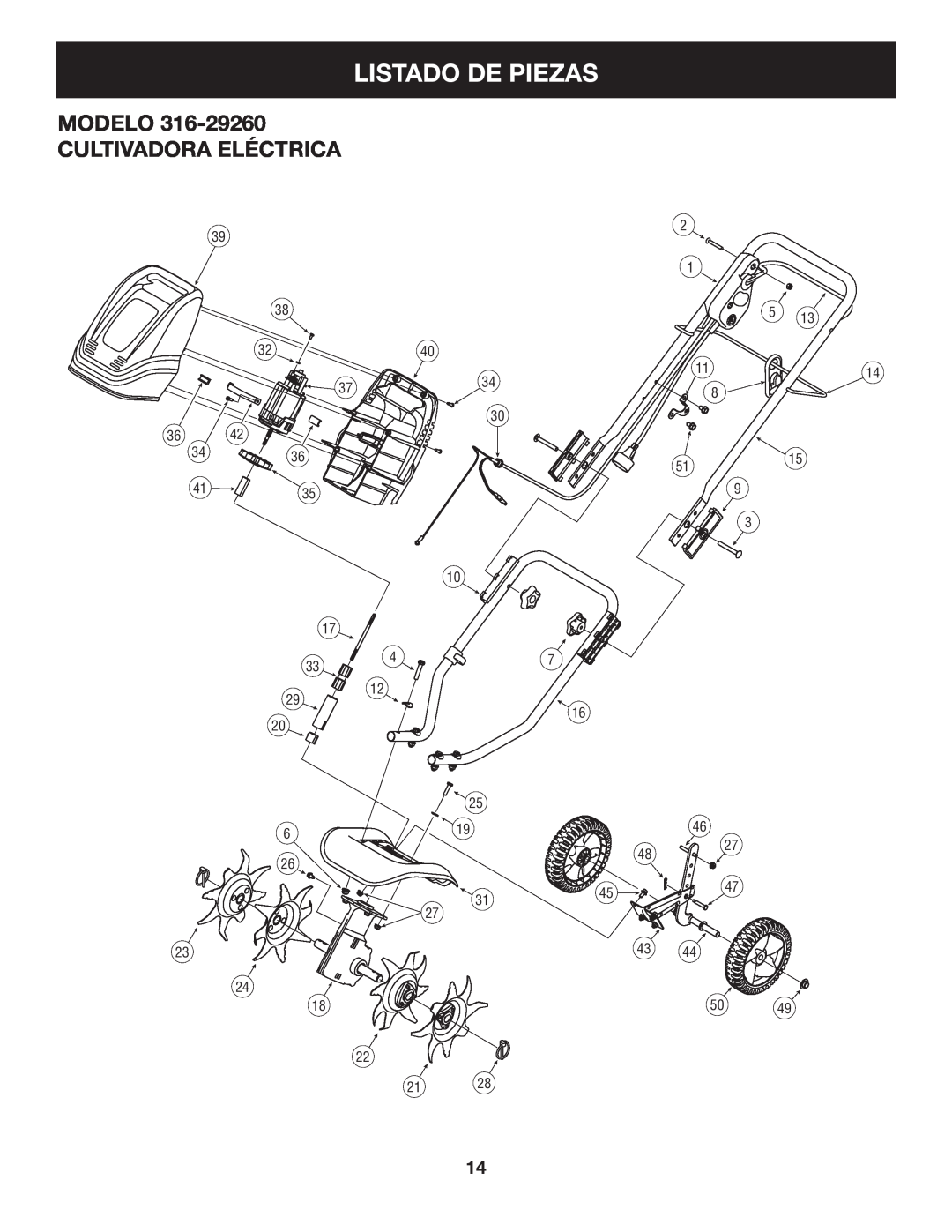 Craftsman 316.2926 manual Listado De Piezas, Modelo Cultivadora Eléctrica 