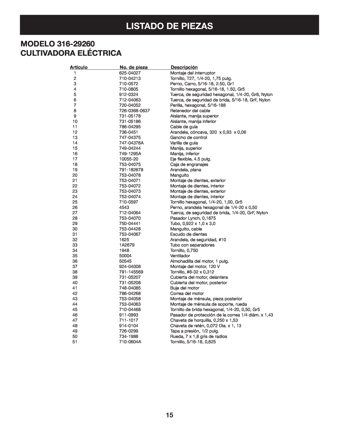 Craftsman 316.2926 manual Listado De Piezas, Modelo Cultivadora Eléctrica, Artículo, No. de pieza, Descripción 