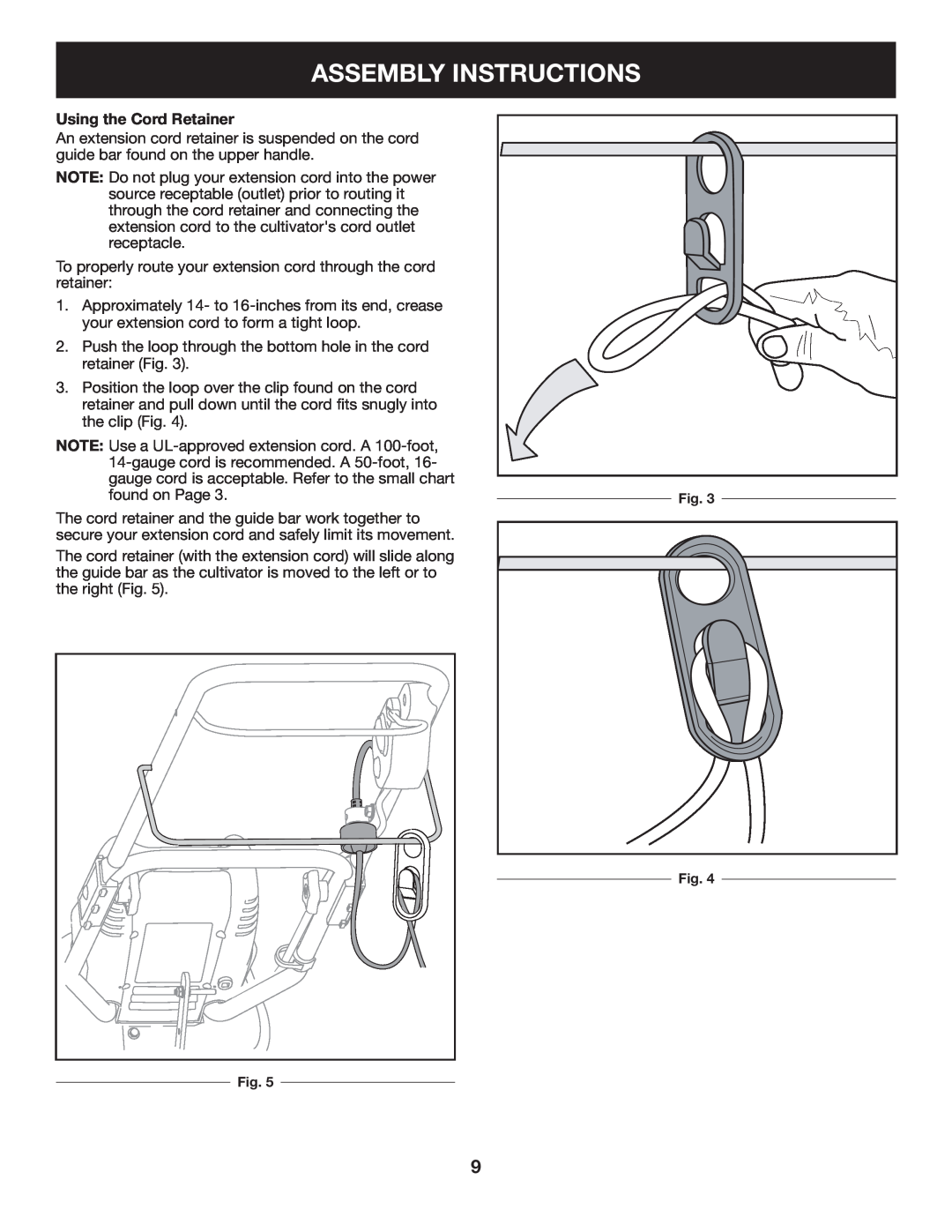 Craftsman 316.2926 manual Assembly Instructions, Using the Cord Retainer 