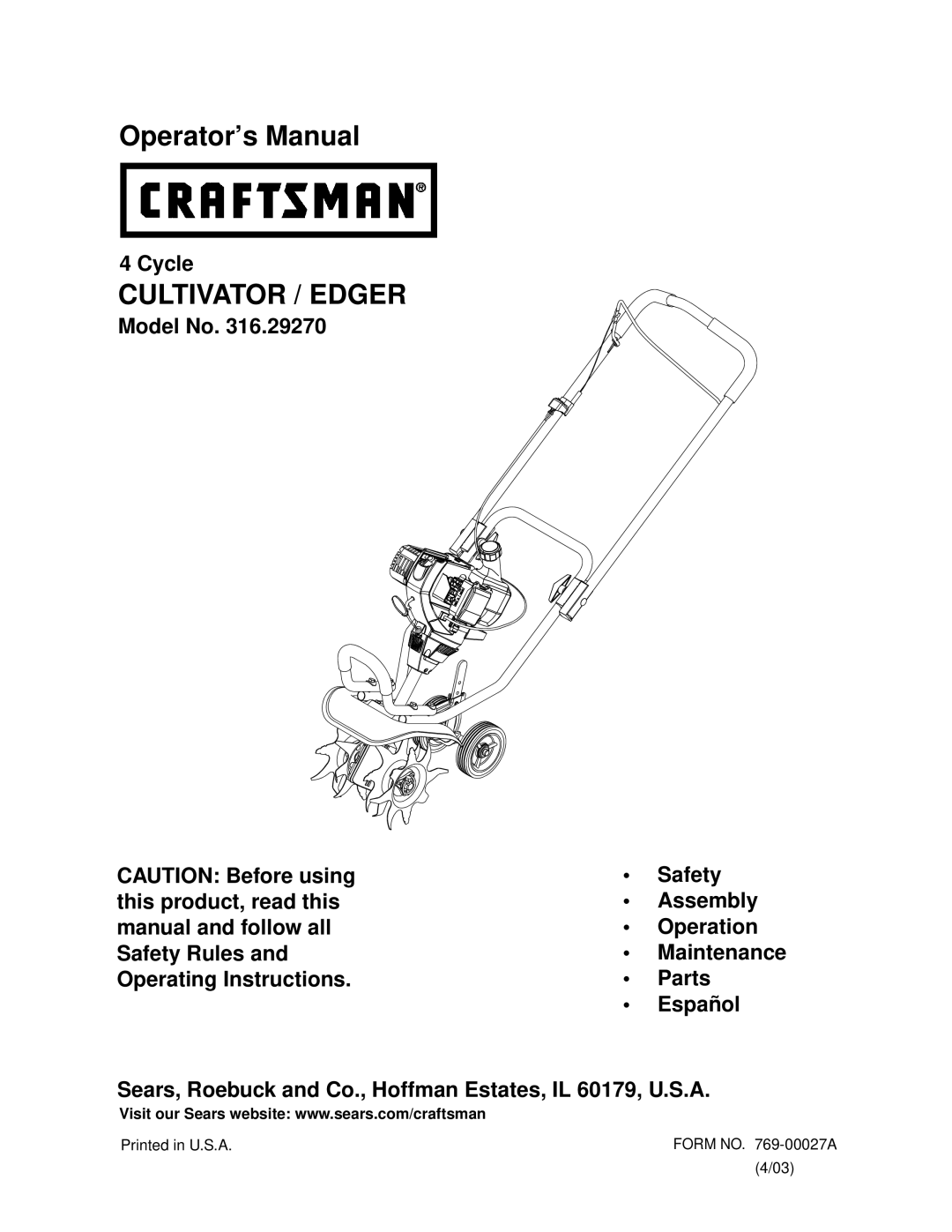 Craftsman 316.2927 manual Cultivator / Edger 